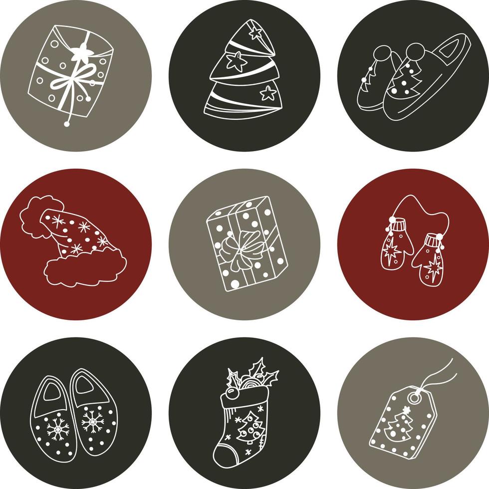 Set of hand-drawn christmas and winter doodle elements in vector. Festive collection isolated on white background. Design for icons, buttons, holidays. Gifts, trees, pastry, presents, gingerbread. vector