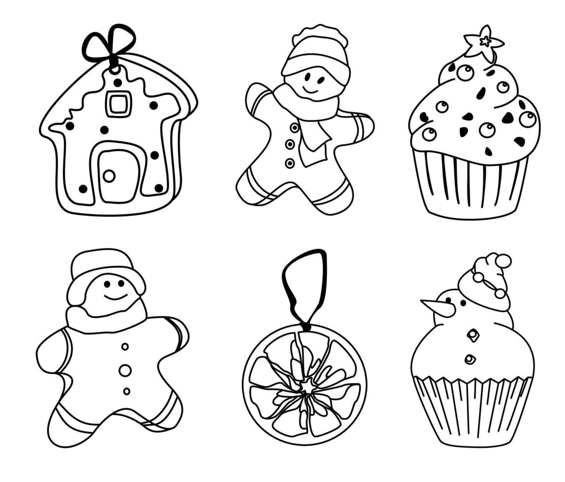 conjunto de elementos de doodle de navidad e invierno dibujados a mano en vector. colección festiva aislada sobre fondo blanco. diseño para iconos, botones, vacaciones. regalos, árboles, pasteles, regalos, pan de jengibre. vector