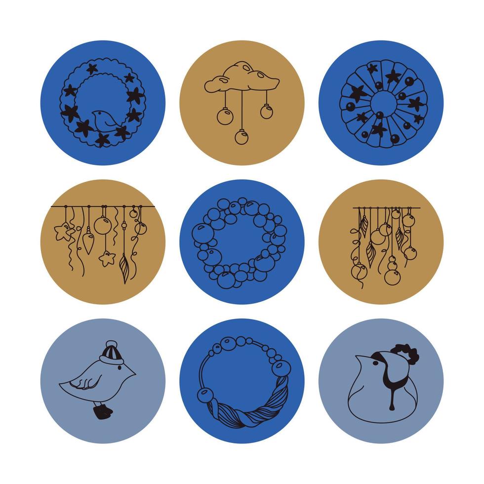 Set of hand-drawn christmas and winter doodle elements in vector. Festive collection isolated on white background. Design for icons, buttons, holidays. Gifts, trees, pastry, presents, gingerbread. vector