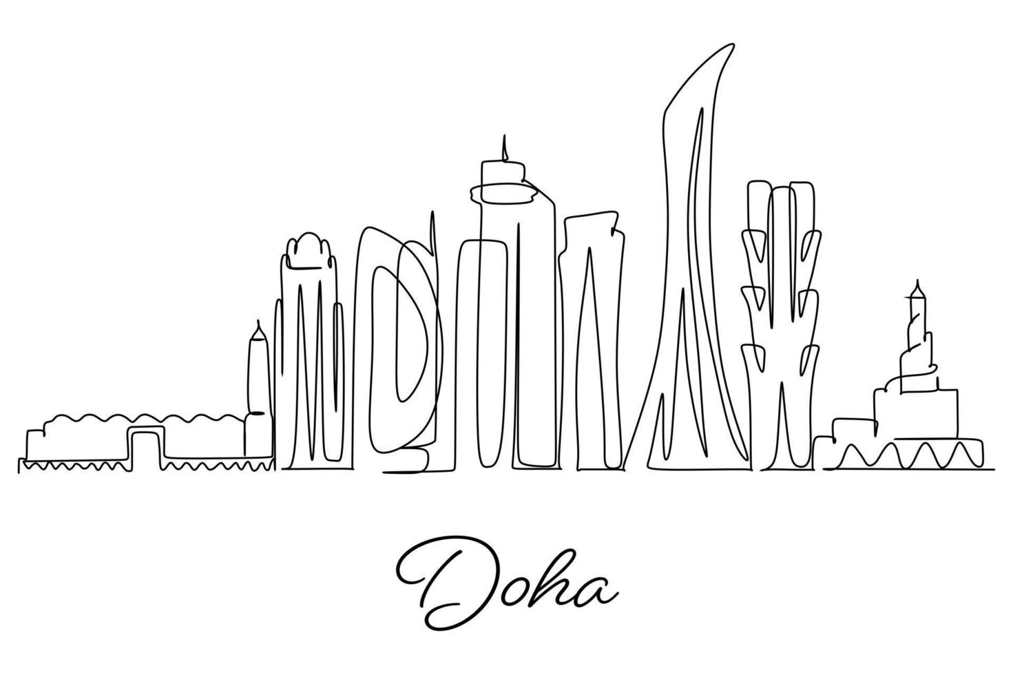 Doha City of Qatar skyline. Simple One line continuous line drawing art for tourism business
