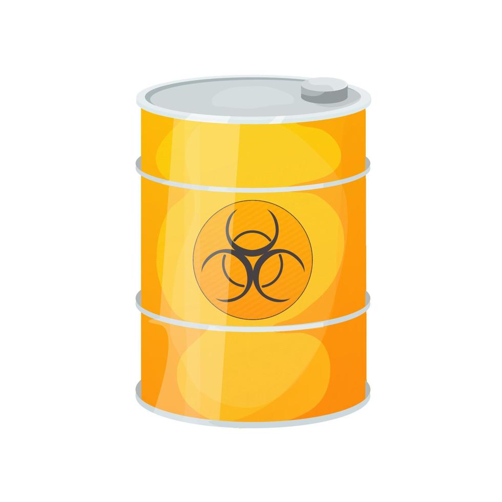 Metal yellow barrel toxic, dangerous sign in cartoon style isolated on white background. Radioactive, flammable. Vector illustration