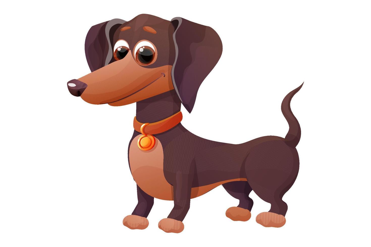 lindo cachorro dachshund, de pie y sonriendo en estilo de dibujos animados, personaje de mascota brillante aislado sobre fondo blanco. ilustración vectorial vector