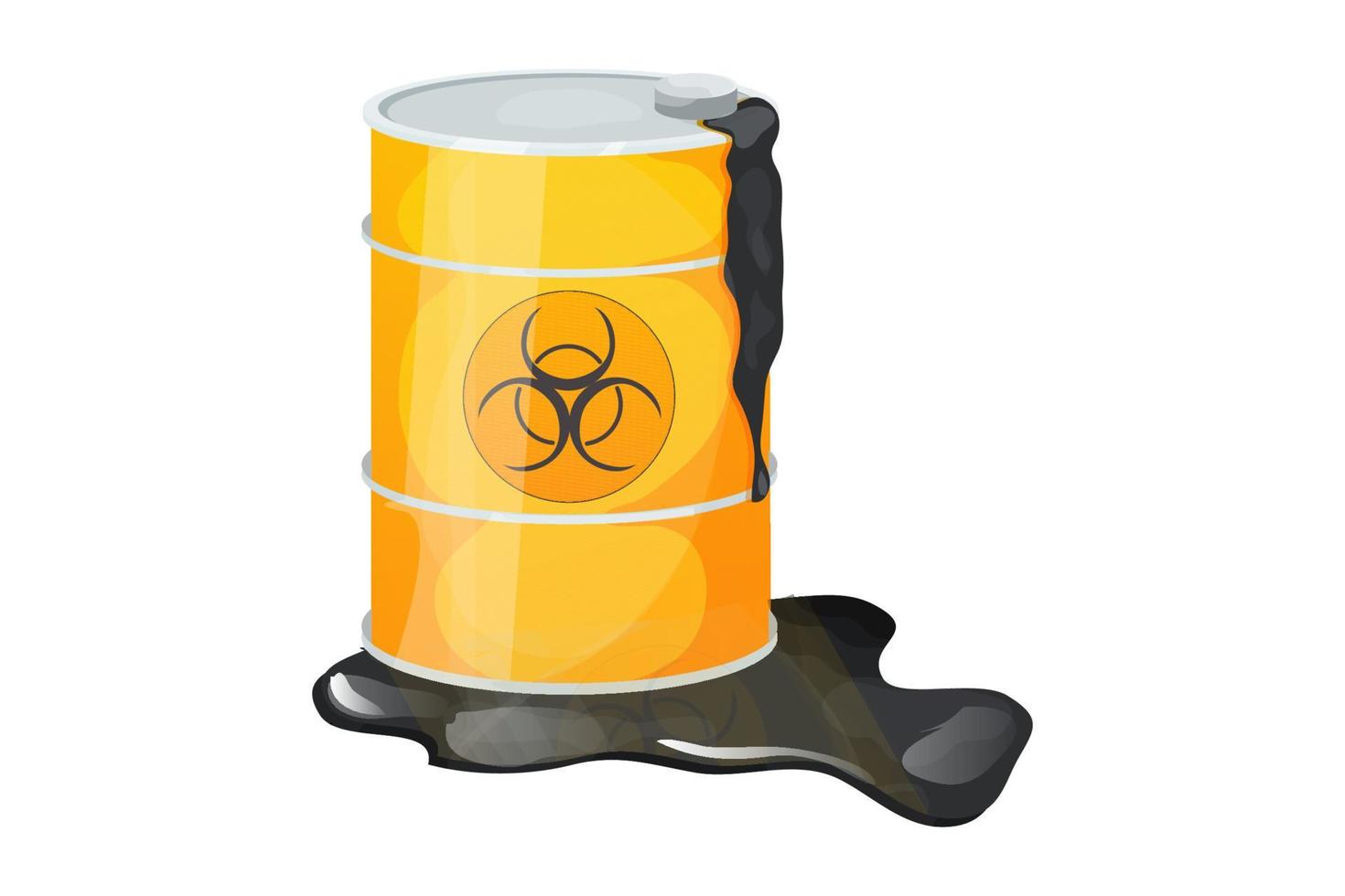 Metal barrel toxic, dangerous sign with liquid around, waste, pollution in cartoon style isolated on white background. Radioactive, flammable material. Vector illustration