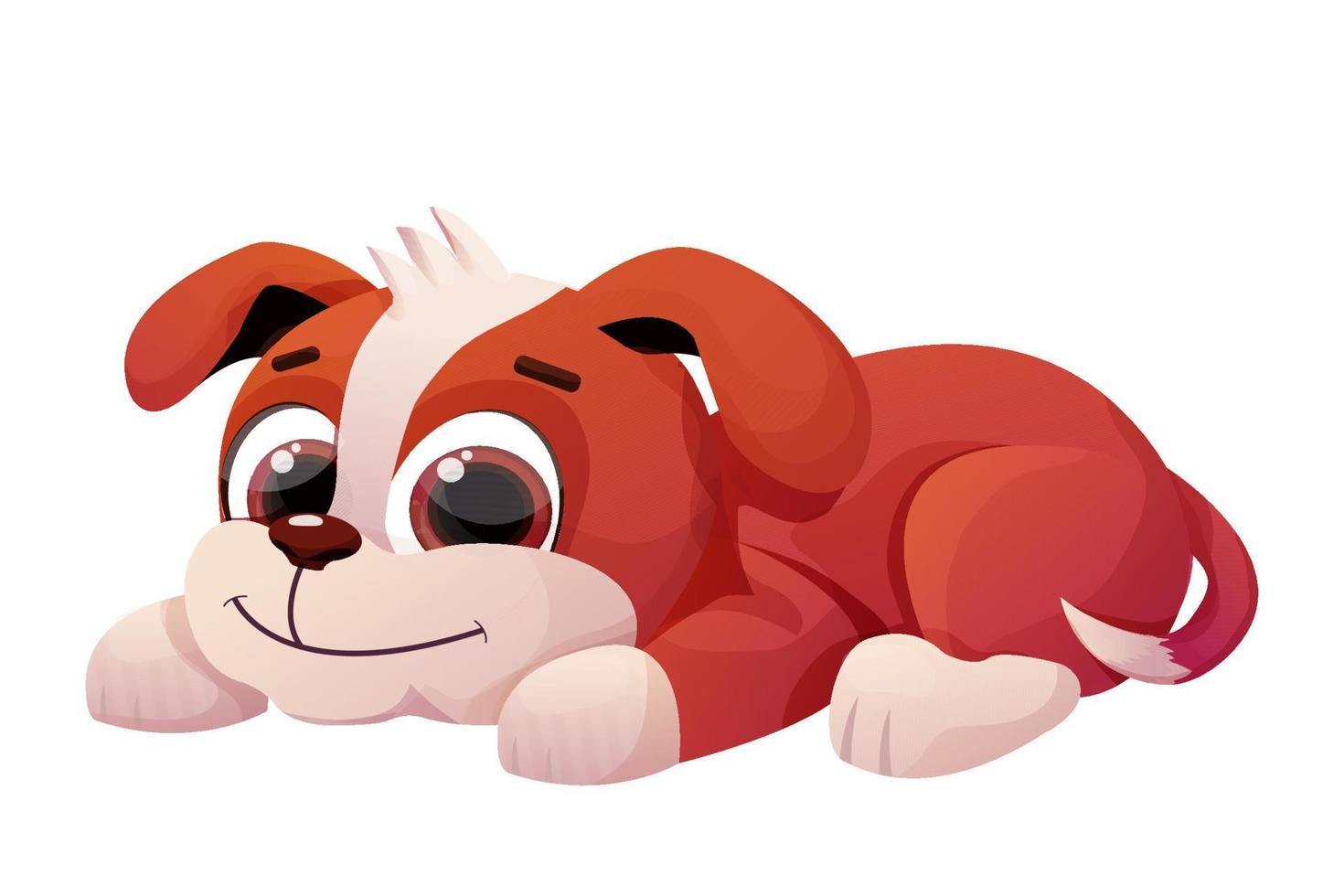 Puppy lying, cute dog child, pet with adorable tail in comic cartoon style isolated on white background. Emotional character. Vector illustration