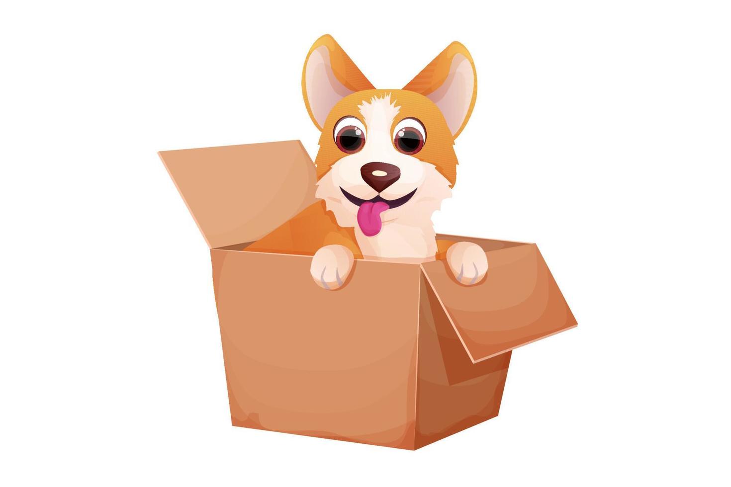 Corgi cute pet,puppy in the box, adopt animal concept, homeless character in cartoon style isolated on white background. Vector illustration