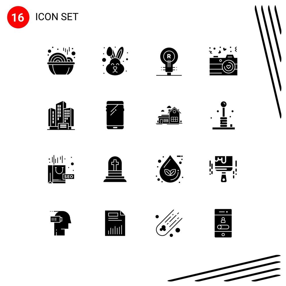 Set of 16 Vector Solid Glyphs on Grid for address photography brand love logo Editable Vector Design Elements