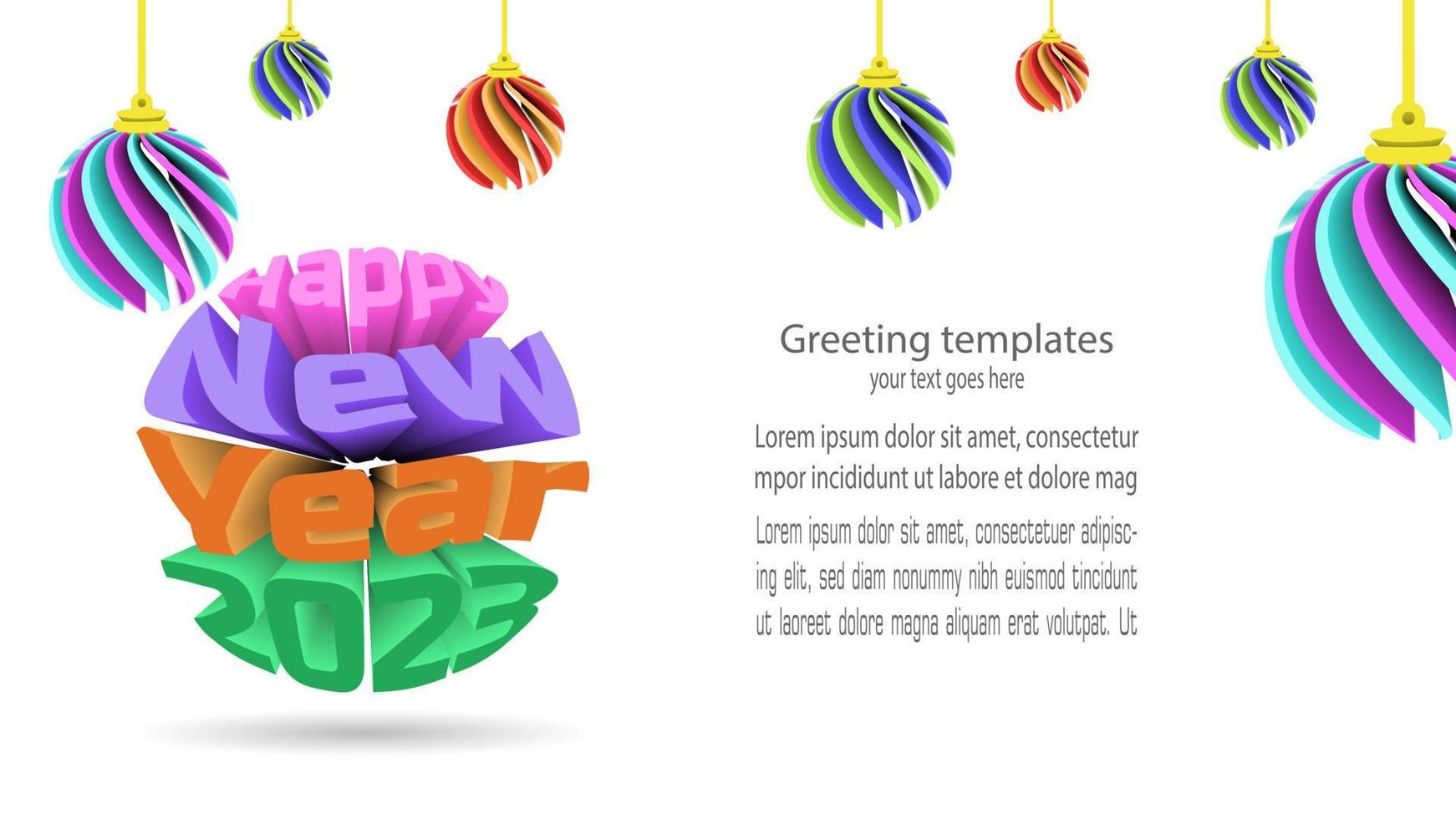 plantilla de feliz año nuevo 2023. ilustración de vector de concepto colorido alegre en estilo 3d. tarjeta de felicitación de celebración. puede ser para el diseño de carteles o pancartas, etc.