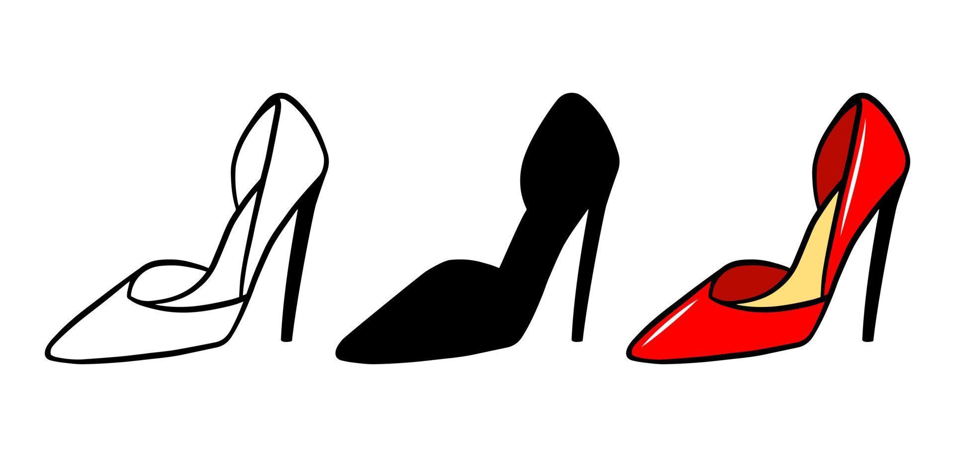 Woman shoes icon set isolated on white background. Colorful hand drawn vector fashion illustration. Beauty and glamour outline silhouette. Logo design element.