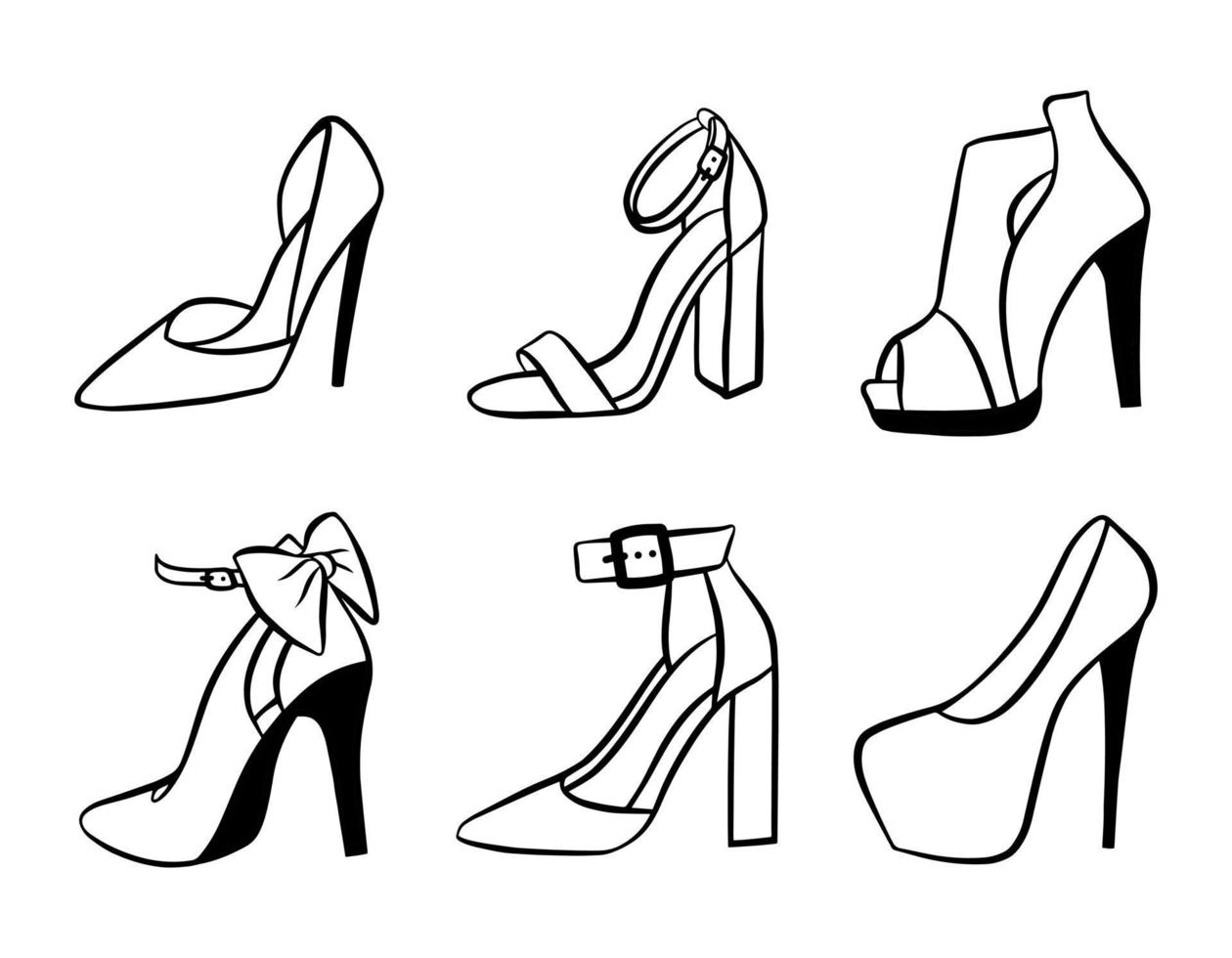 conjunto de iconos de zapatos de mujer aislado sobre fondo blanco. ilustración de moda vectorial dibujada a mano de contorno negro. silueta de contorno de belleza y glamour. elemento de diseño de logotipo. vector