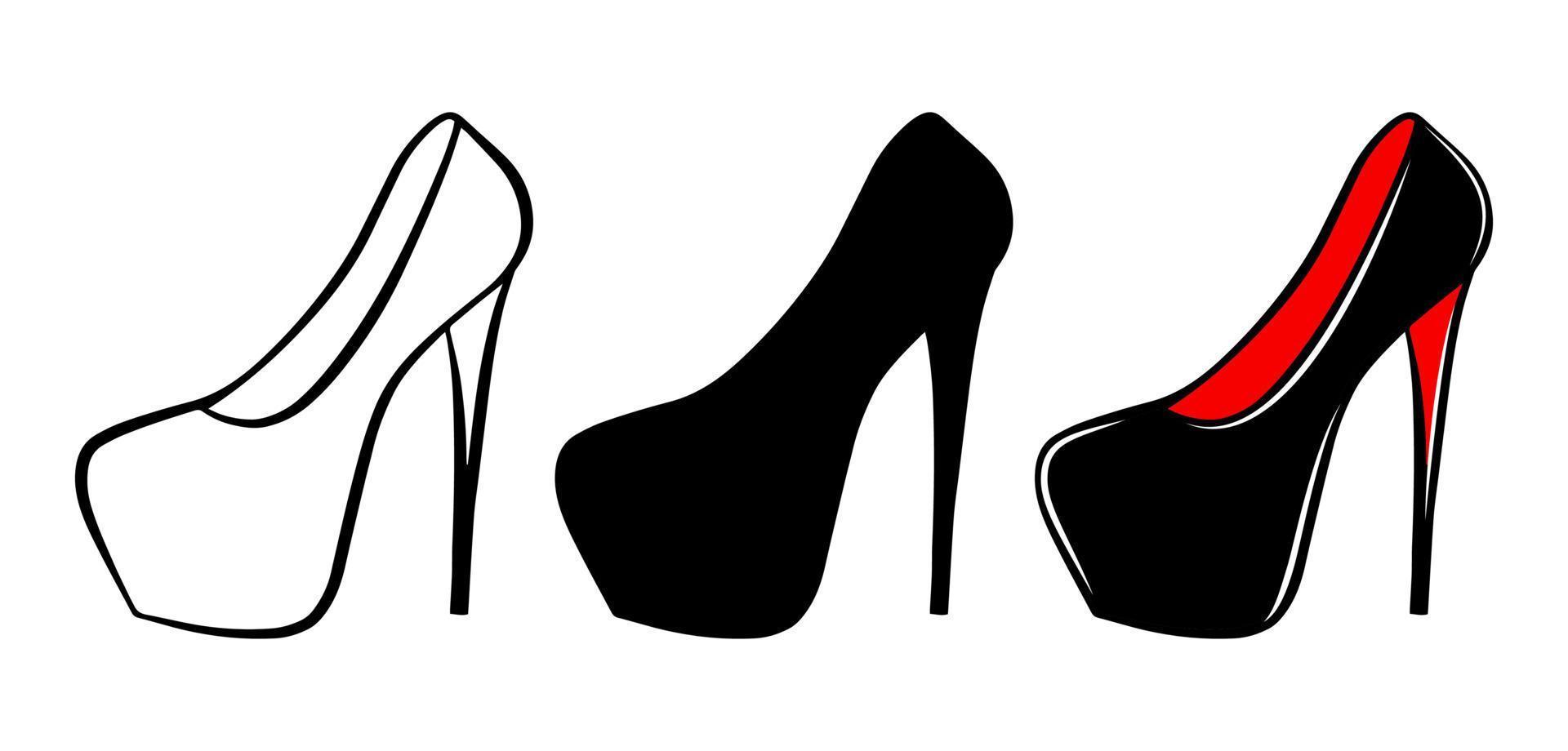 Woman shoes icon set isolated on white background. Colorful hand drawn vector fashion illustration. Beauty and glamour outline silhouette. Logo design element.