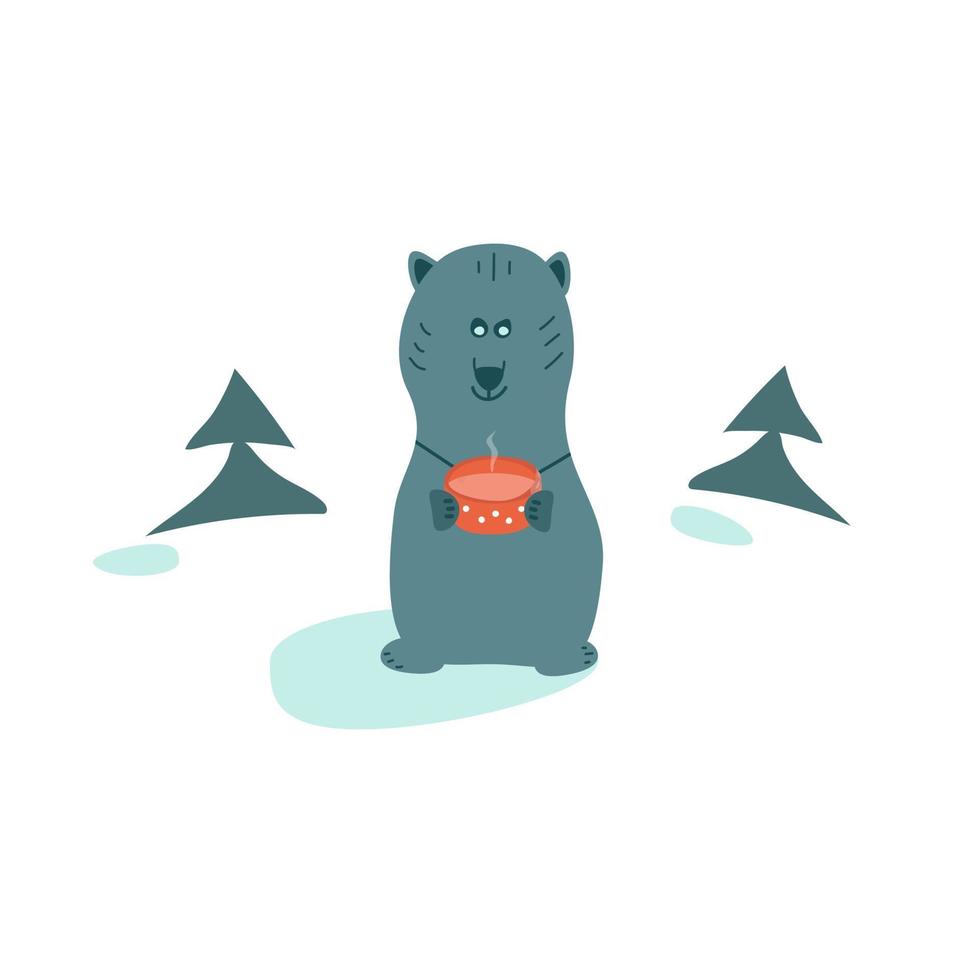 animal divertido con una taza en las manos entre los abetos. imagen de un oso dibujado en vector. vector