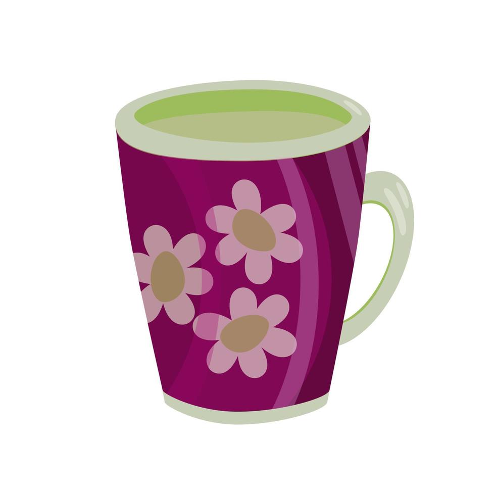 Isolated image of bright burgundy mug with green elements and flowers in vector