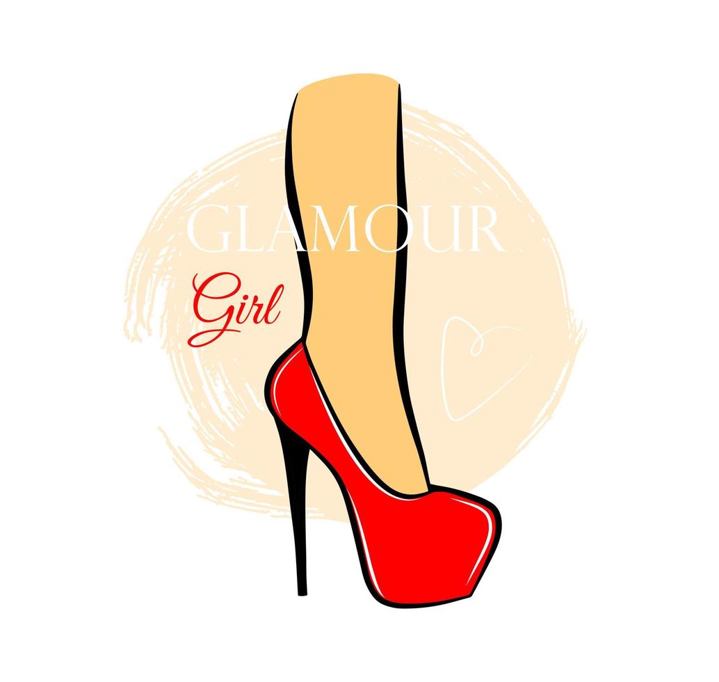 Woman leg with red shoe isolated on white background. Colorful hand drawn vector fashion illustration. Beauty glamour girl qoute. Beautiful female legs t-shirt print design.