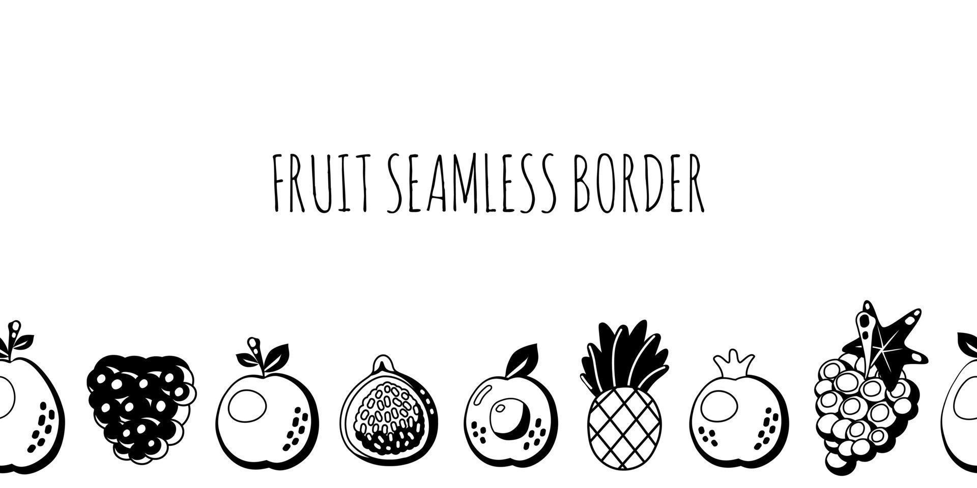 Doodle outline fruit icon set isolated on white background. Natural seamless border frame. Hand drawn simple vector summer food sketch. Juice package design element.