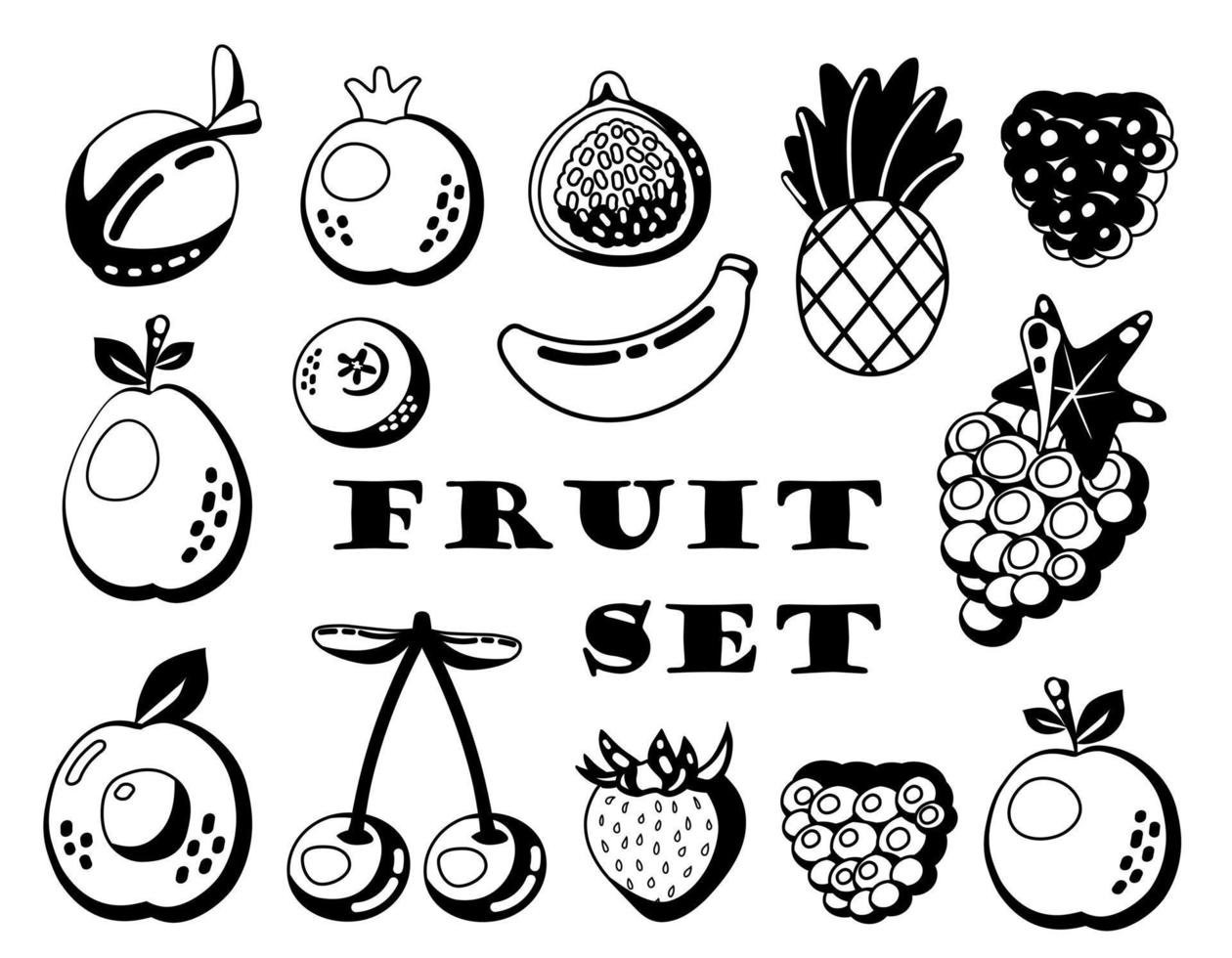 Simple outline fruit icon set isolated on white background. Doodle line art vector summer juicy food silhouettes. Juice package or logo design element.