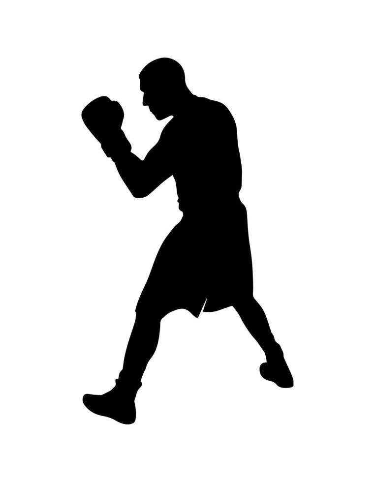 Vector boxer man silhouette shadow shape, flat black icon isolated on white backround. Logo design element. Box sportsman.