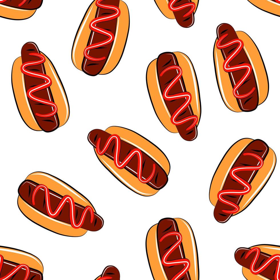 Cartoon hot dog fast food seamless pattern isolated on white background. Fashion fabric print template. vector