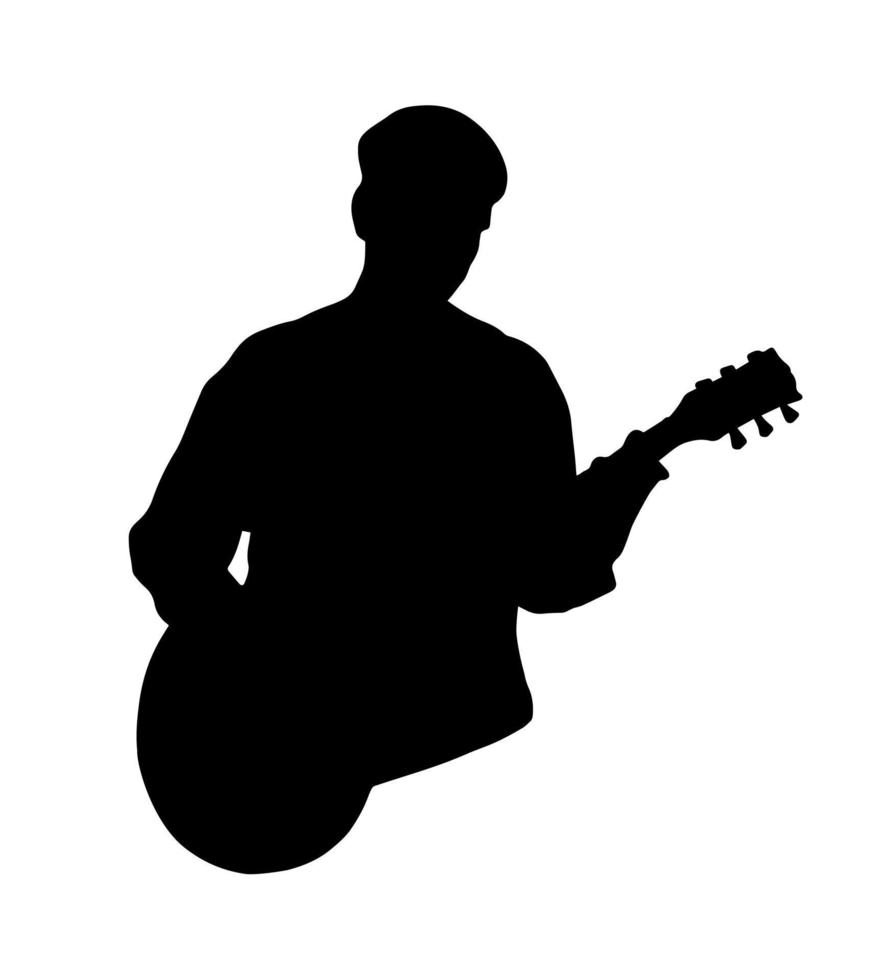 Guitar playing man. Vector simple silhouette shadow shape, flat black icon isolated on white backround. Logo design element. Rock music hobby concept.