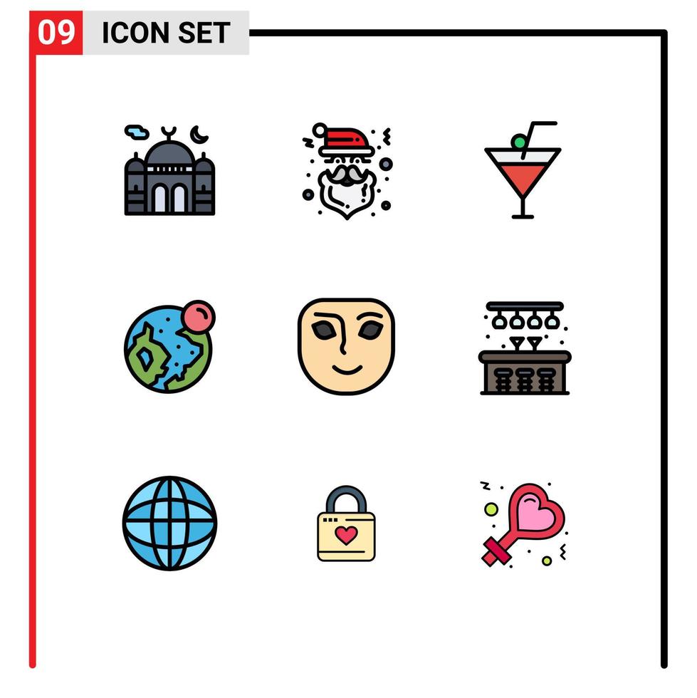 Mobile Interface Filledline Flat Color Set of 9 Pictograms of face moon cap world earth Editable Vector Design Elements