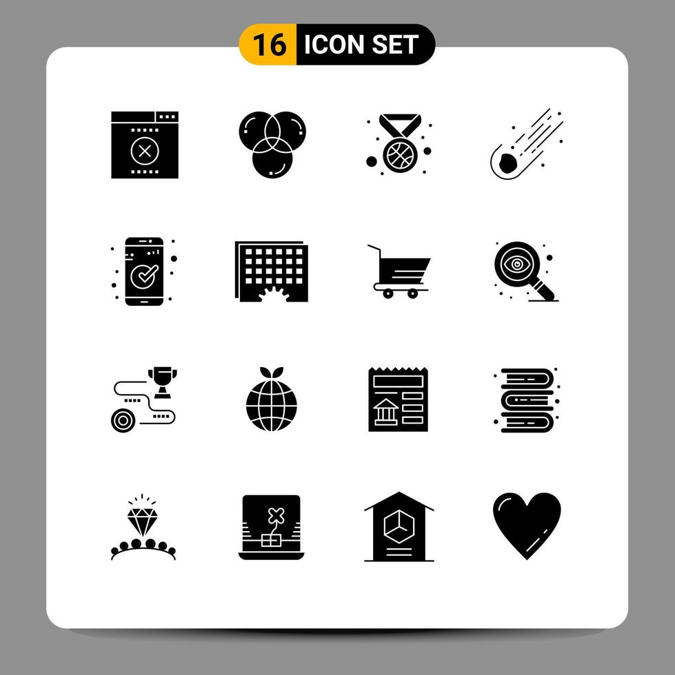 Pack of 16 creative Solid Glyphs of check comet award space astronomy Editable Vector Design Elements