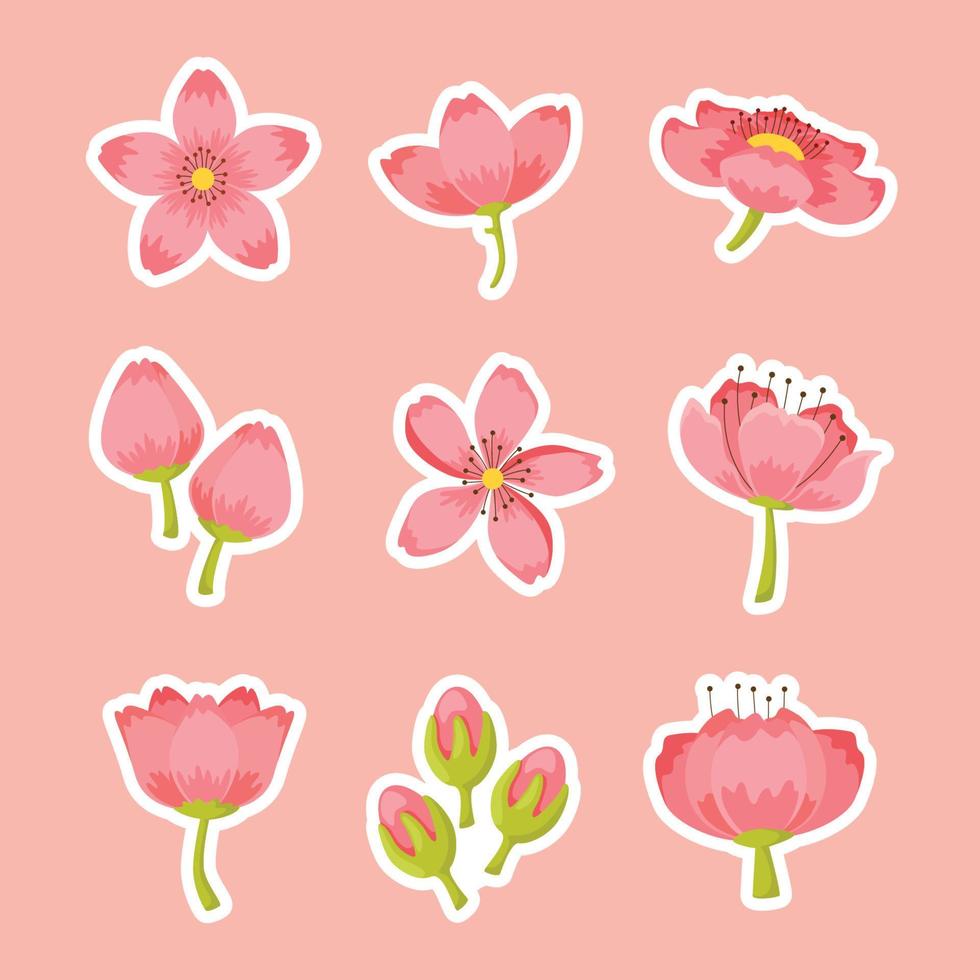 Peach Blossom Sticker Set in Flat Style vector