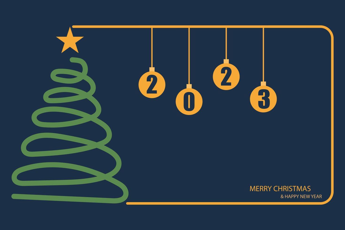 Lights green shiny Christmas tree with a golden glowing star on top and a Christmas ball with 2023 on blue background. Holiday celebration. Bright light decoration. vector