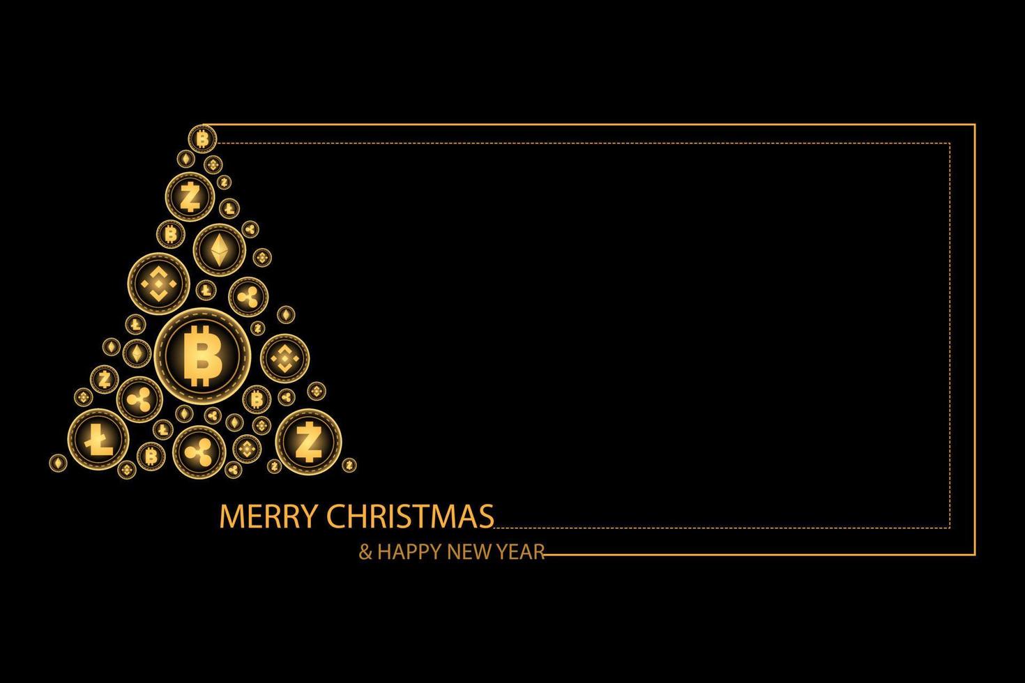 concepto de navidad y año nuevo. árbol de Navidad dorado con moneda de criptomoneda brillante sobre fondo negro. vector