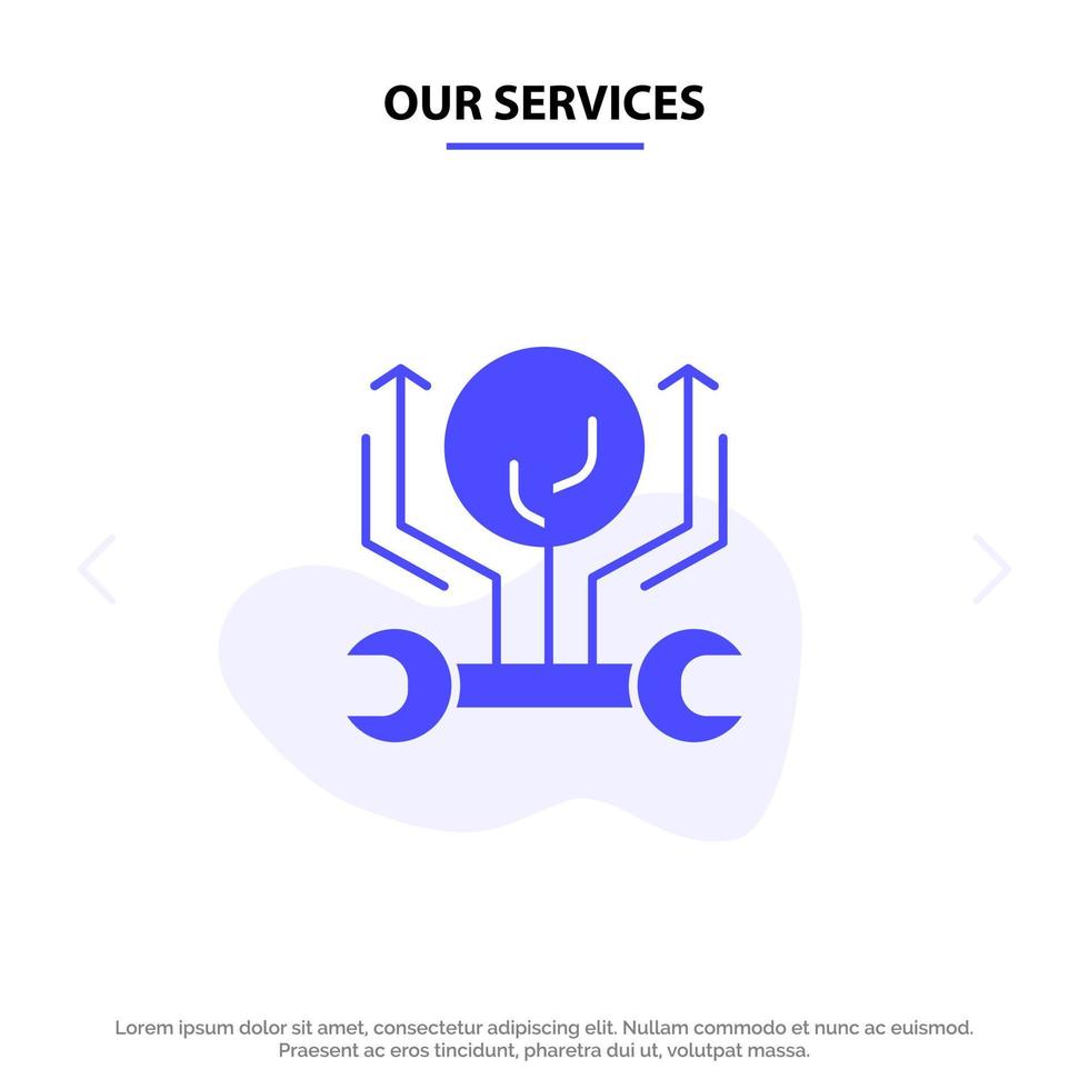 Our Services Development Engineering Growth Hack Hacking Solid Glyph Icon Web card Template vector