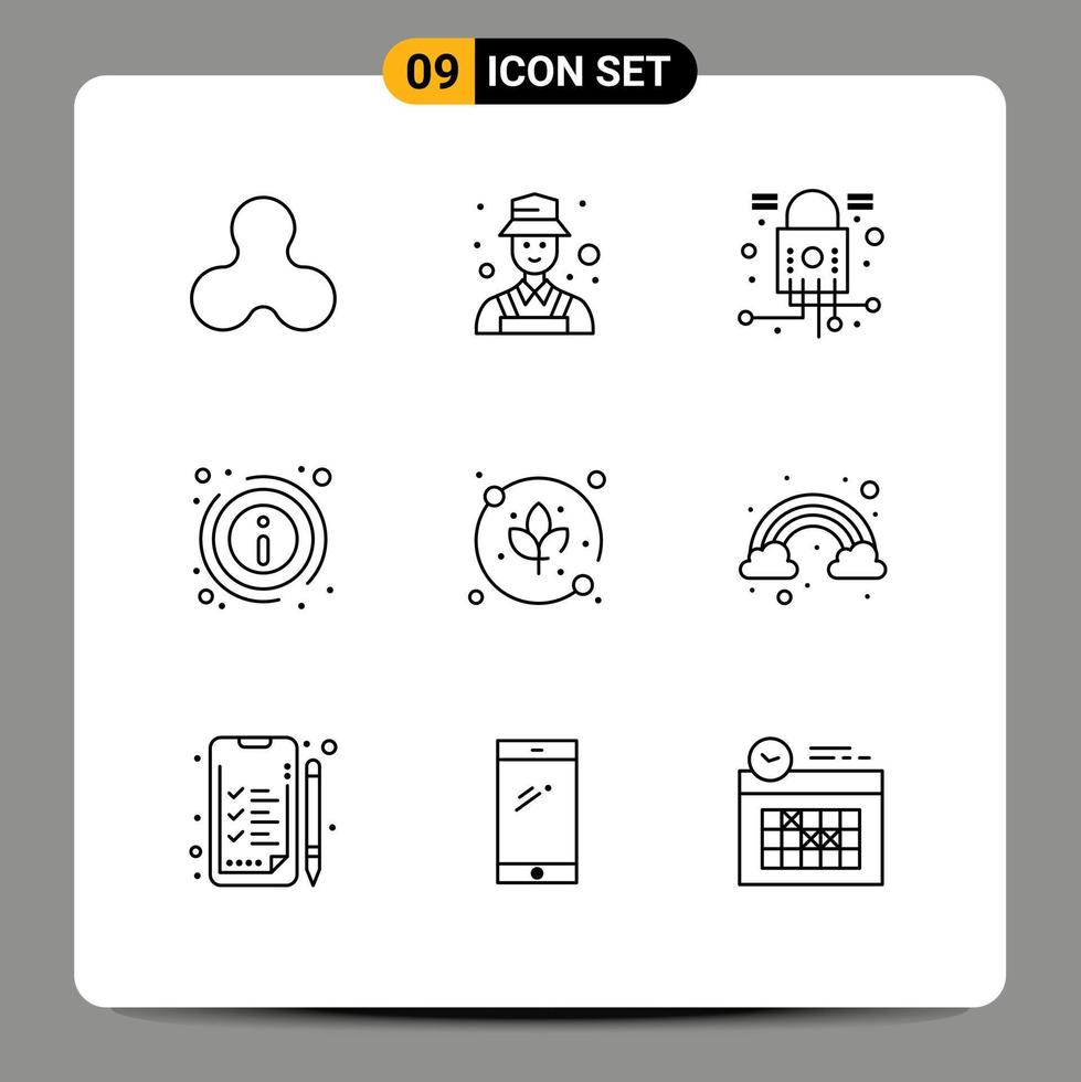 9 Universal Outlines Set for Web and Mobile Applications agriculture leaf lock about info Editable Vector Design Elements