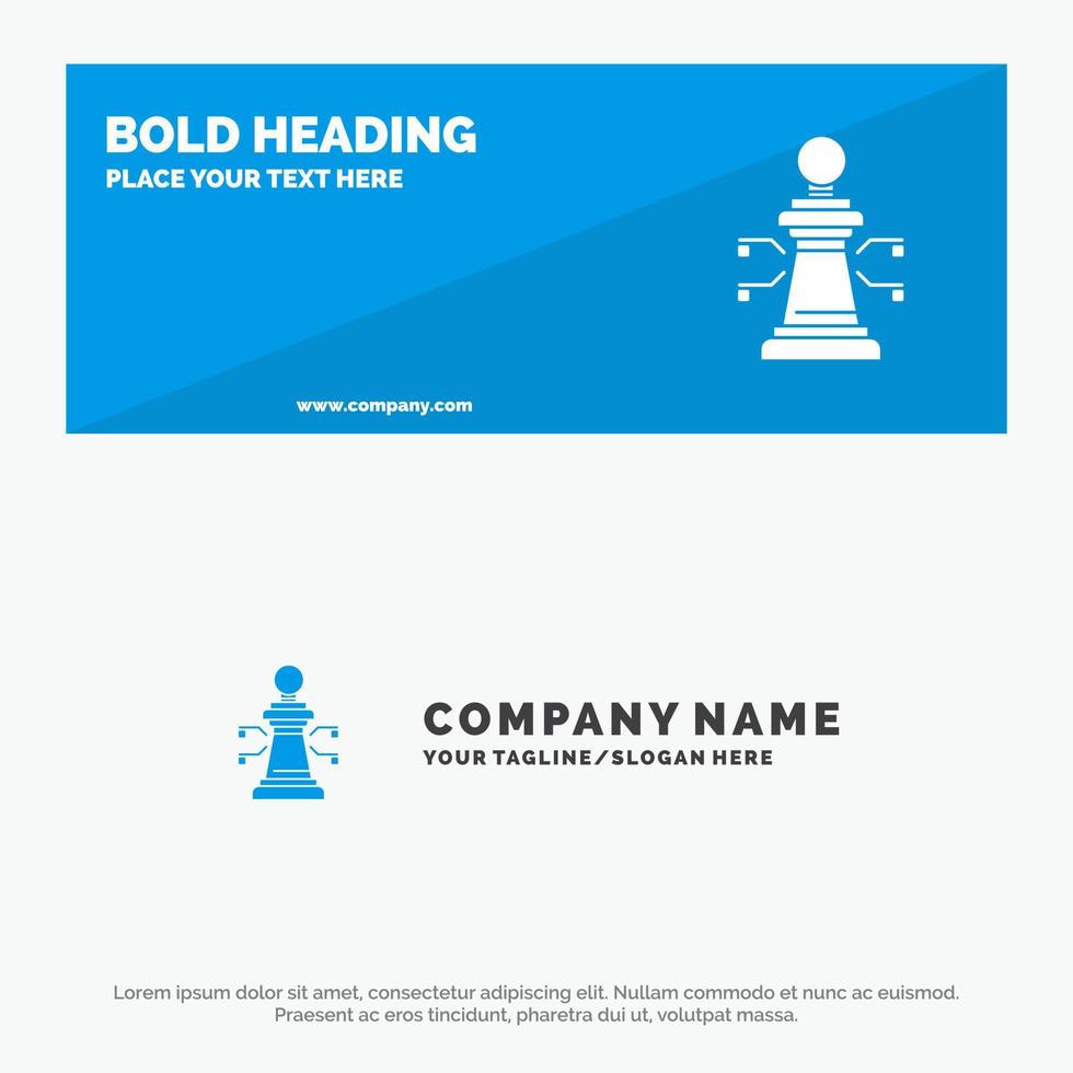 banner de sitio web de icono sólido de juego de estrategia de computadora portátil de ajedrez y plantilla de logotipo de empresa vector