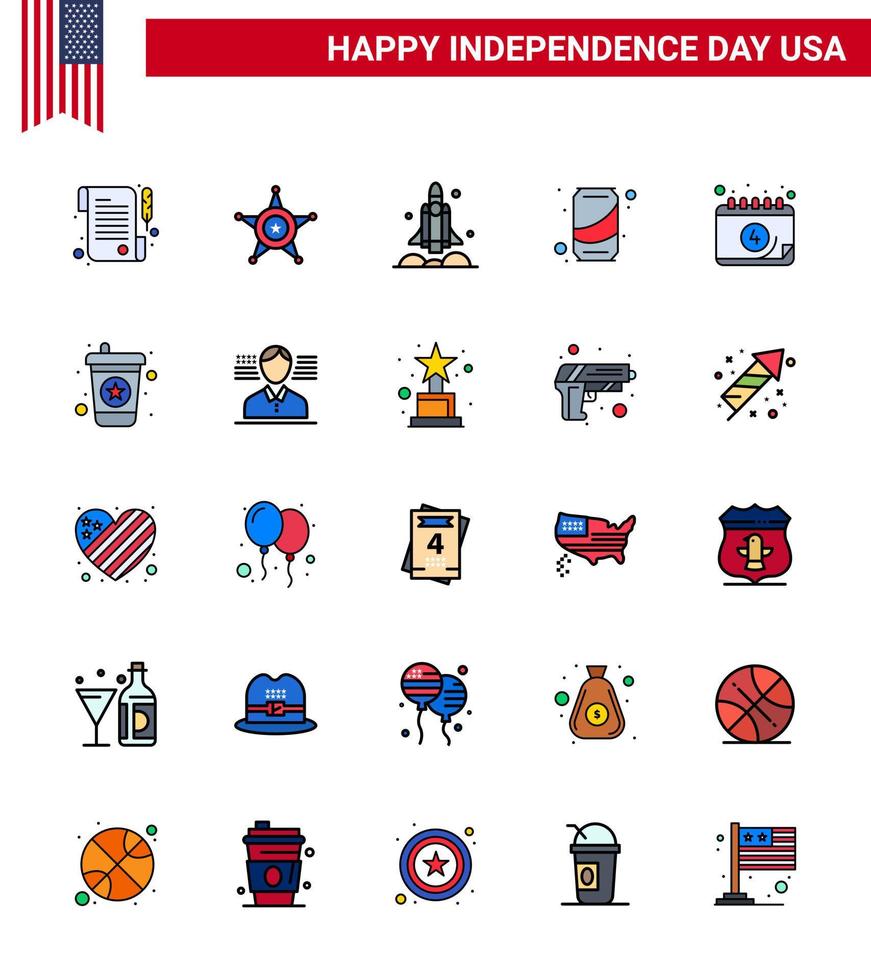 Set of 25 USA Day Icons American Symbols Independence Day Signs for calendar cola rocket soda beer Editable USA Day Vector Design Elements