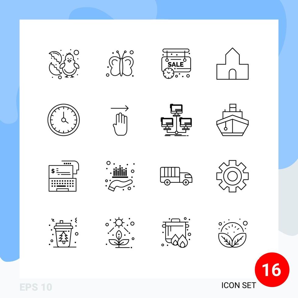 Pack of 16 Modern Outlines Signs and Symbols for Web Print Media such as clock christian building limited chapel cathedral church Editable Vector Design Elements