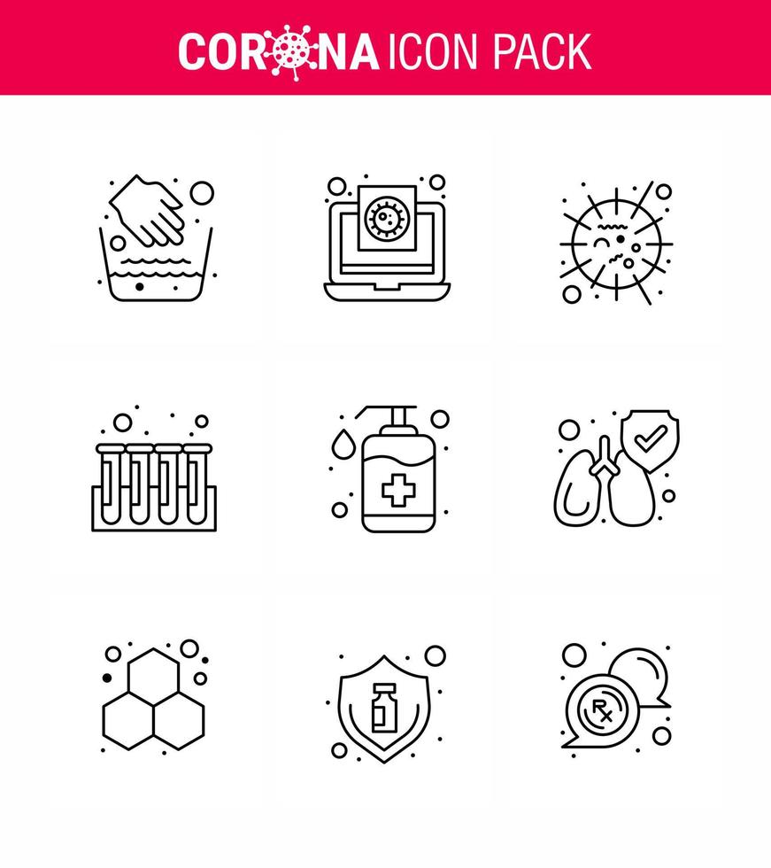 Coronavirus awareness icons 9 Line icon Corona Virus Flu Related such as tubes experiment virus blood sars viral coronavirus 2019nov disease Vector Design Elements