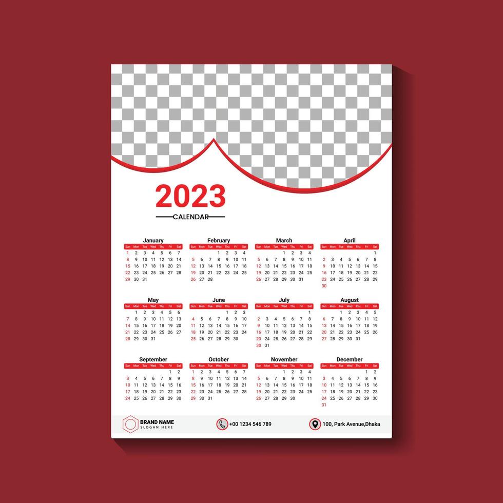 Vector libre de plantilla de diseño de calendario de pared de una página 2023