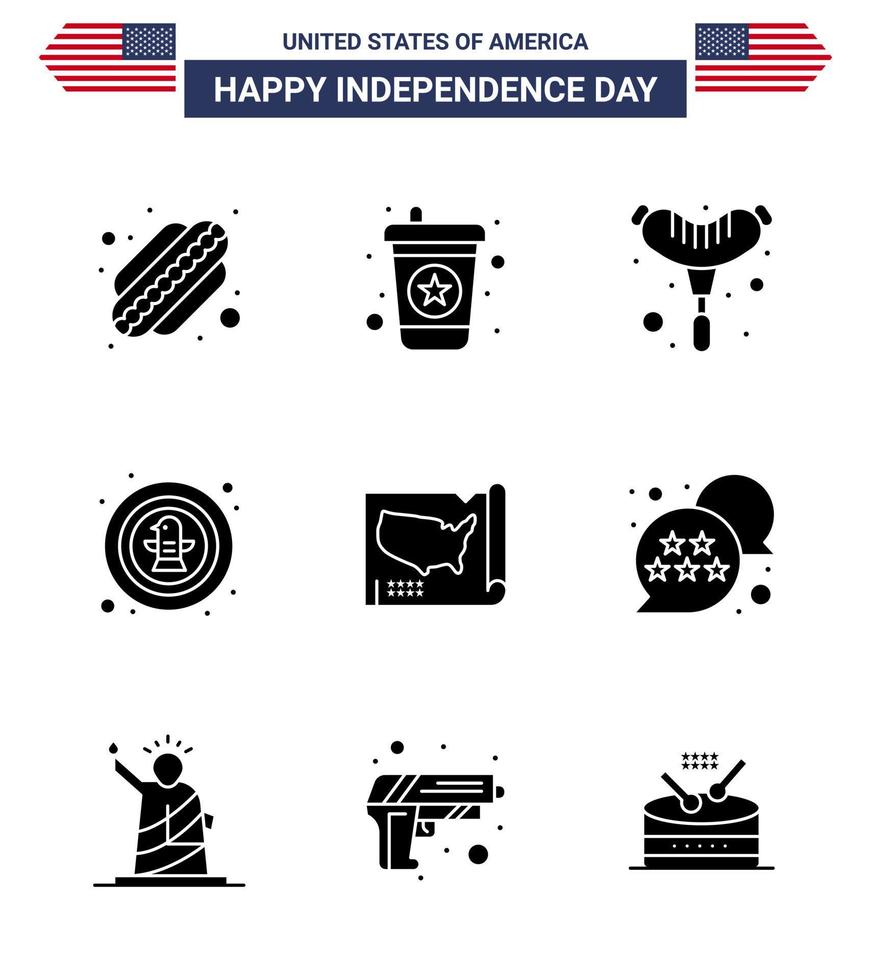 4 de julio estados unidos feliz día de la independencia icono símbolos grupo de 9 glifos sólidos modernos de estados unidos mapa de salchichas águila editable día de estados unidos elementos de diseño vectorial vector