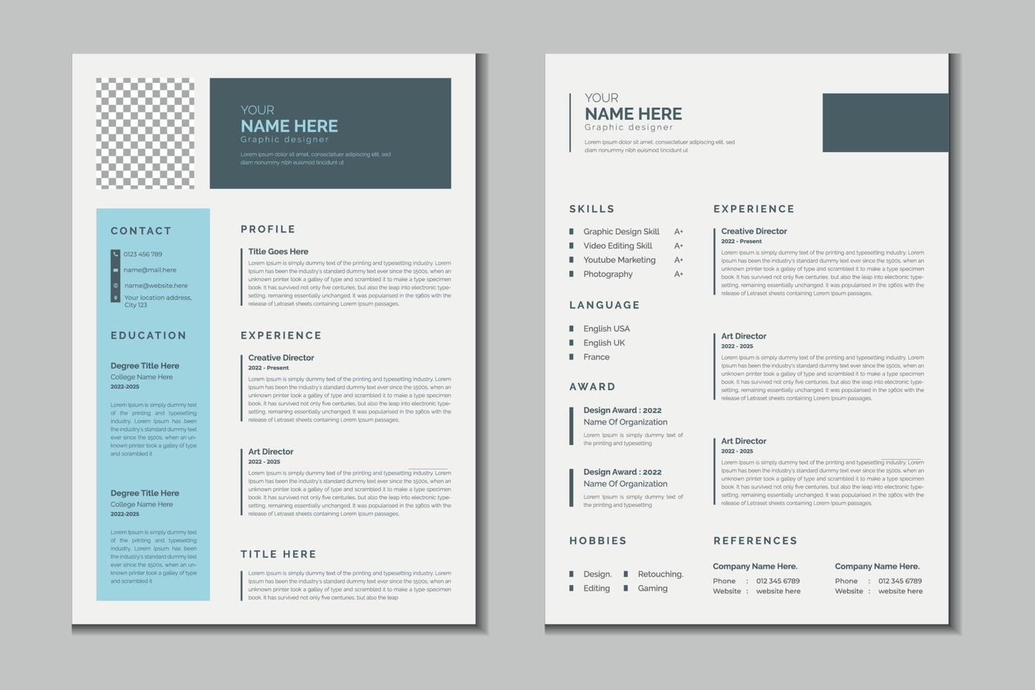 Double pages resume or cv portfolio template design vector