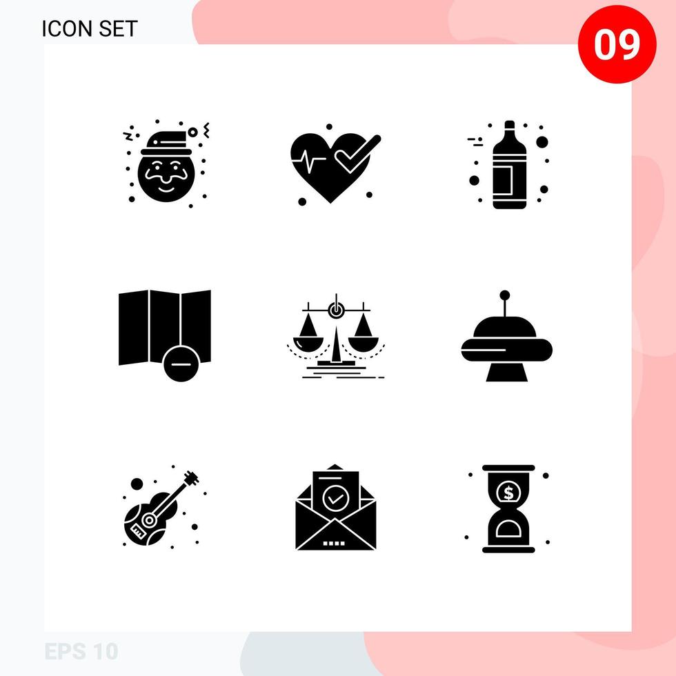 Modern Set of 9 Solid Glyphs Pictograph of space scale wine law decision Editable Vector Design Elements