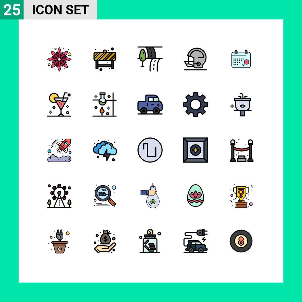 paquete de 25 modernos signos y símbolos de colores planos de línea rellena para medios de impresión web, como el calendario de rutas de símbolos de playa, elementos de diseño de vectores editables de béisbol