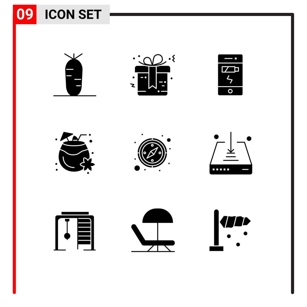 Universal Icon Symbols Group of 9 Modern Solid Glyphs of gps compass charge summer coconut juice Editable Vector Design Elements