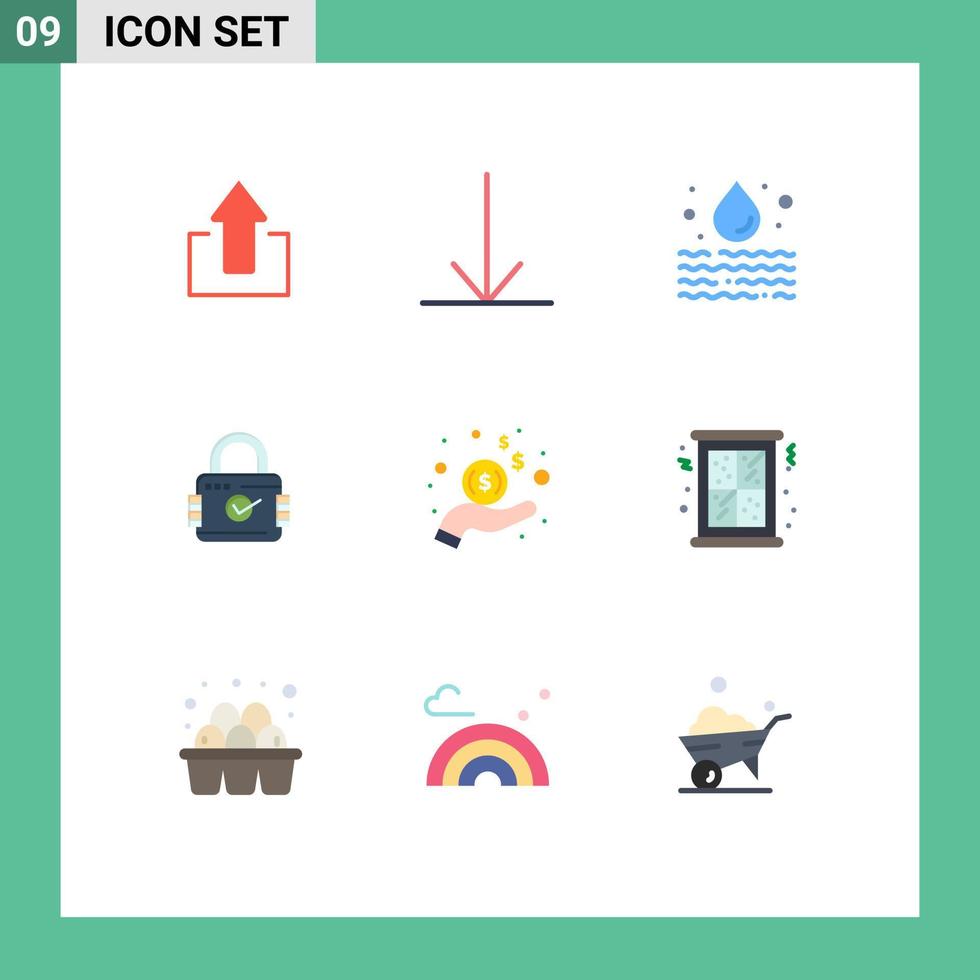 paquete de 9 signos y símbolos modernos de colores planos para medios de impresión web como elementos de diseño de vectores editables de seguridad de mano de contaminación de ingresos en dólares