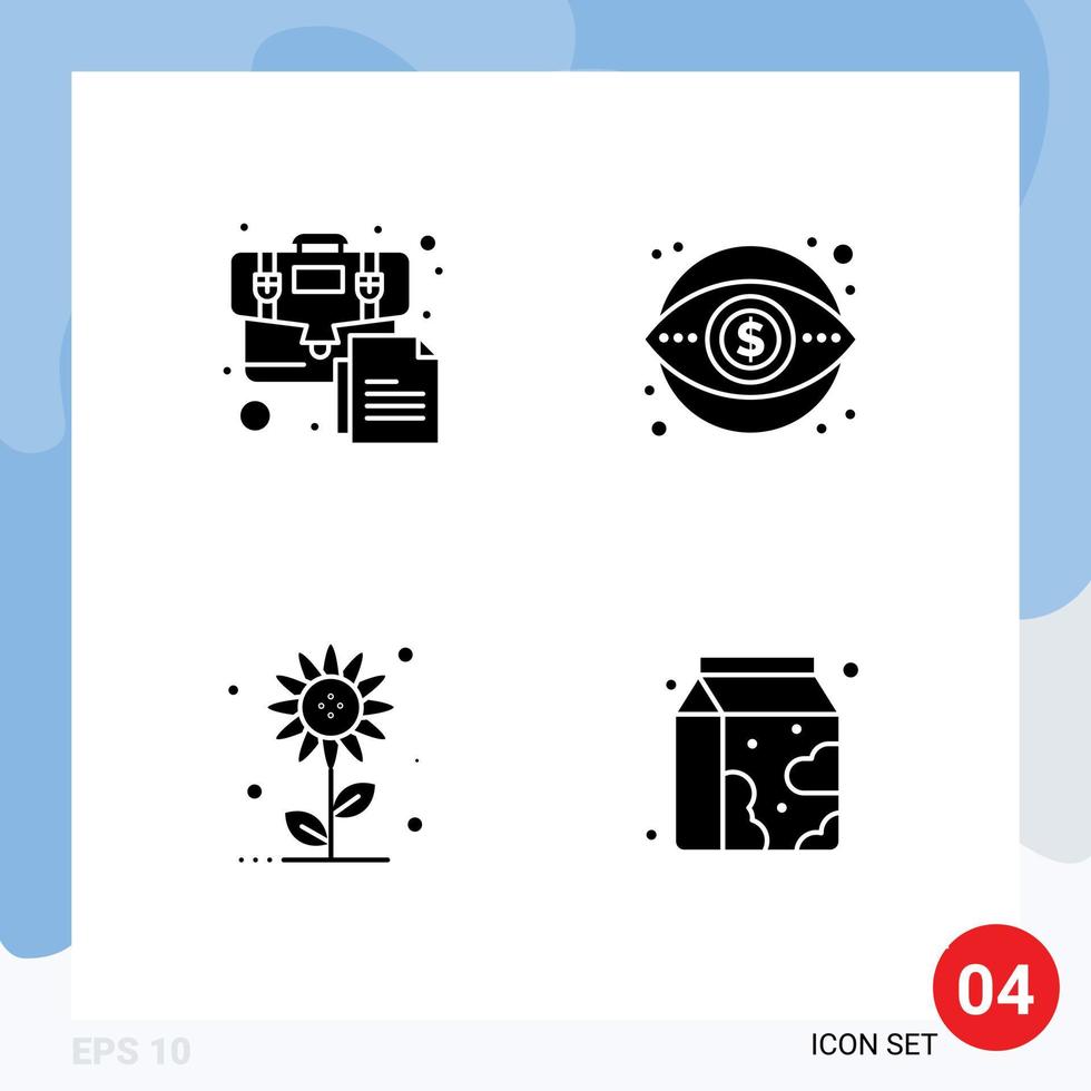 Modern Set of 4 Solid Glyphs Pictograph of bag sub flower document marketing nature Editable Vector Design Elements
