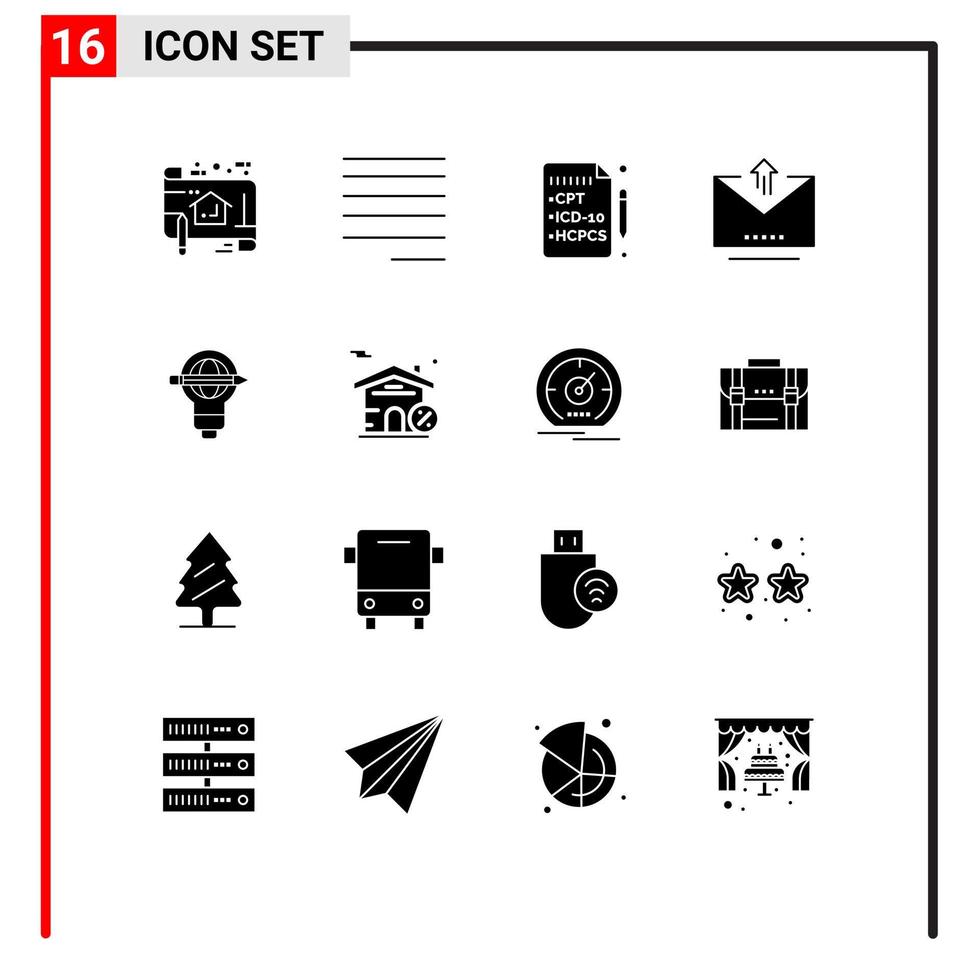 Group of 16 Solid Glyphs Signs and Symbols for globe success health upload letter Editable Vector Design Elements