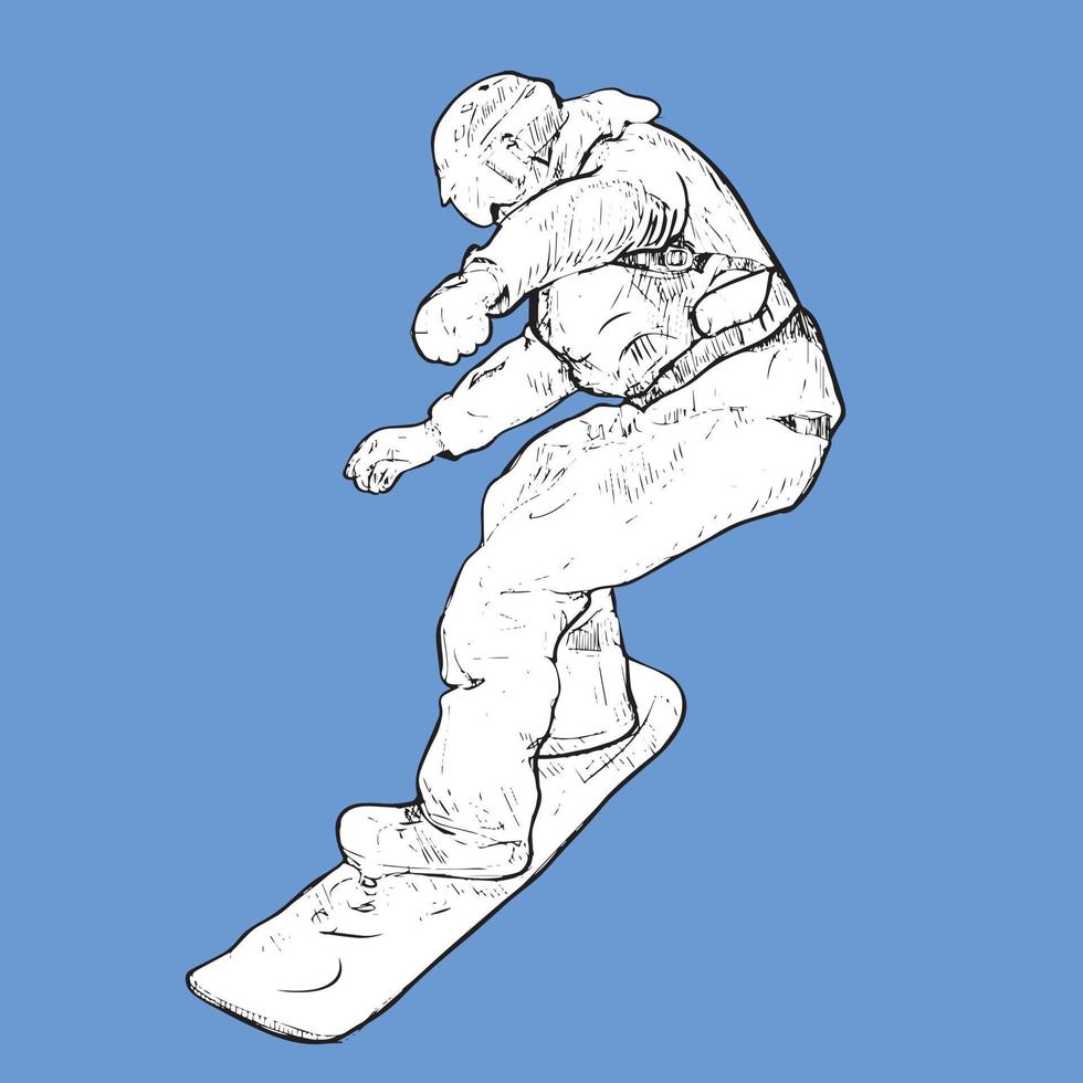 Person riding snowboard. Snowboarder in action vector illustration. Extreme winter sports. Snowboarding emblem. Sport club logo. Snowboarding equipment.
