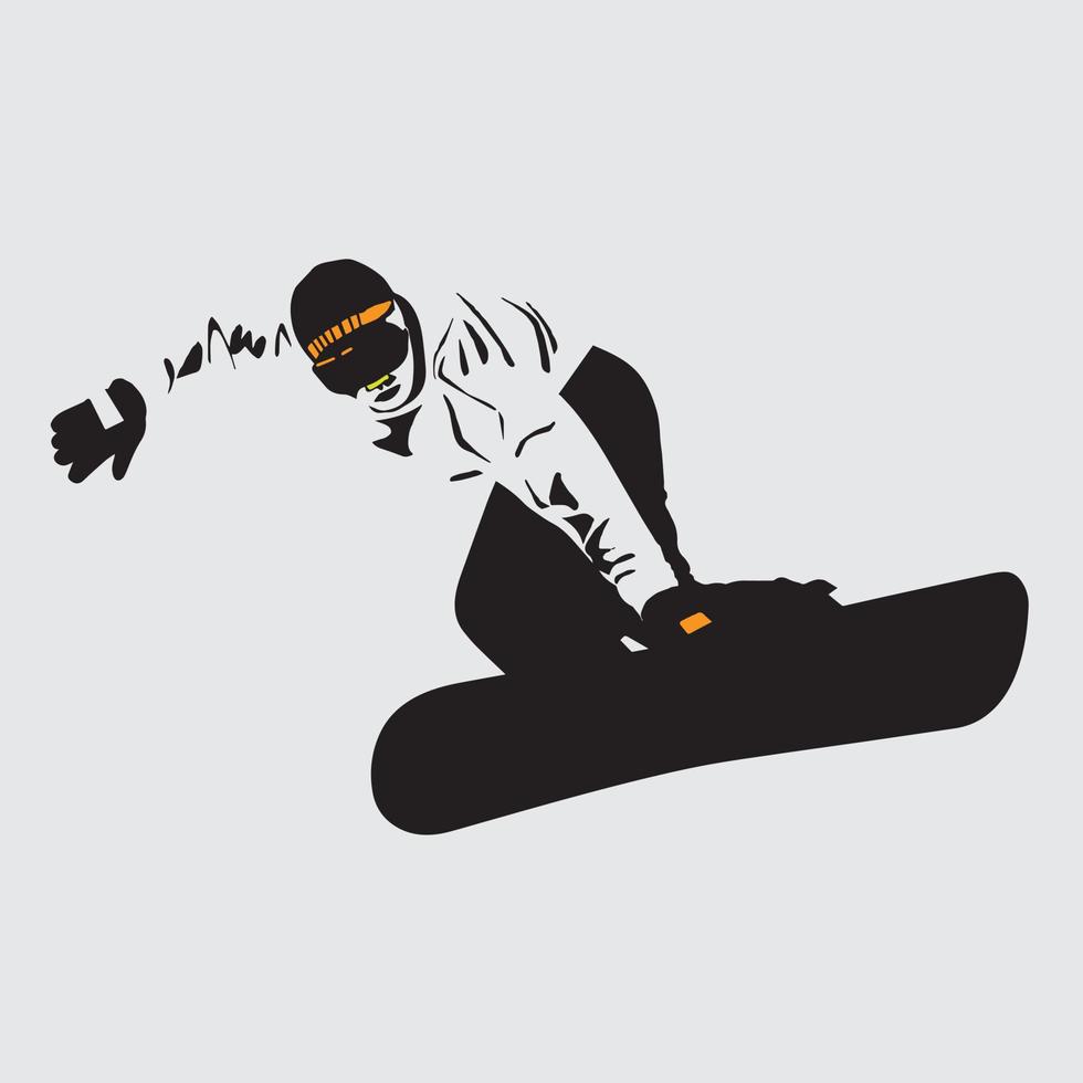 Person riding snowboard. Snowboarder in action vector illustration. Extreme winter sports. Snowboarding emblem. Sport club logo. Snowboarding equipment.