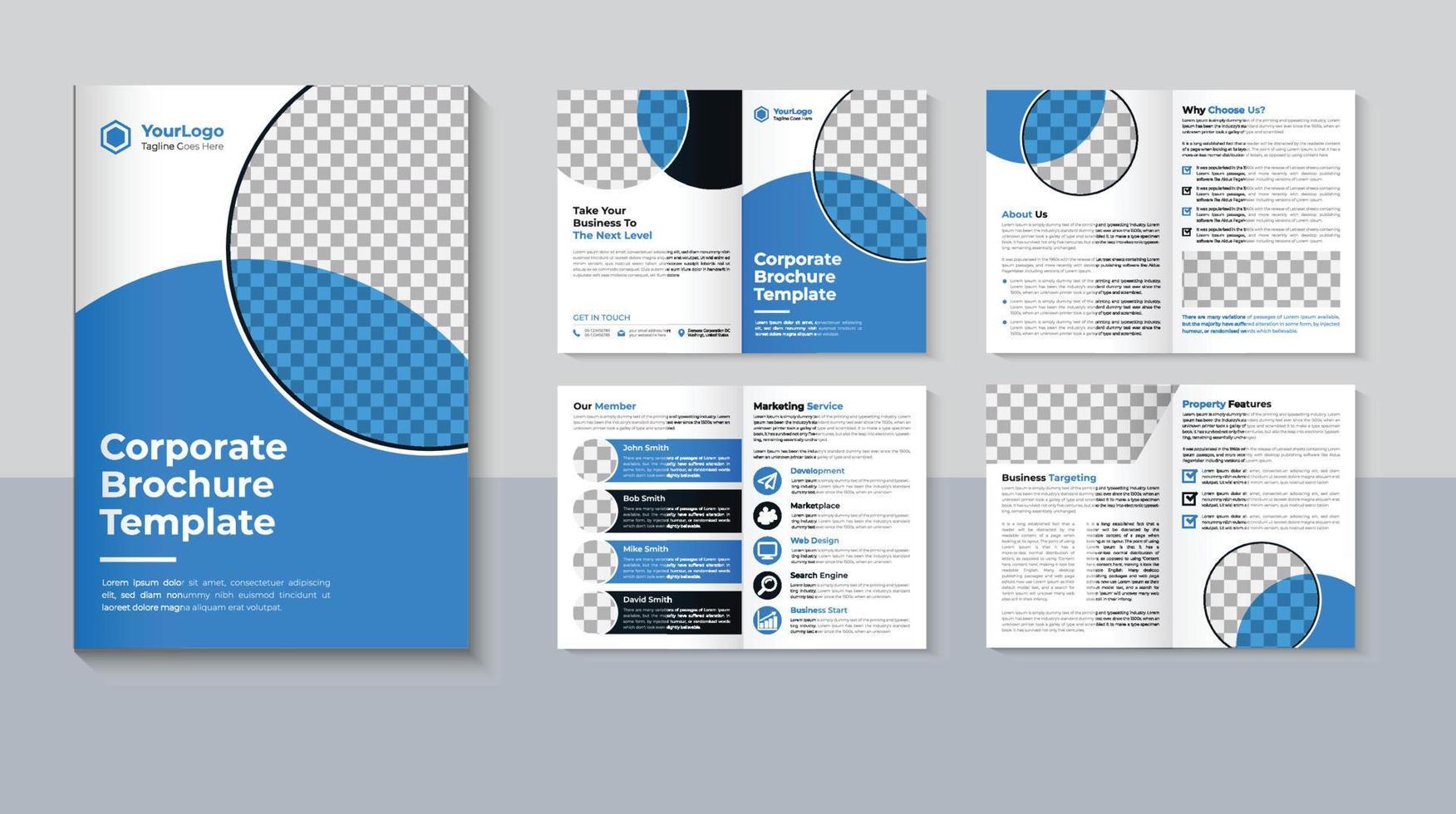 diseño de folleto corporativo de 8 páginas, plantilla de folleto comercial, diseño creativo de folleto de 8 páginas, perfil de empresa, vector profesional de color azul