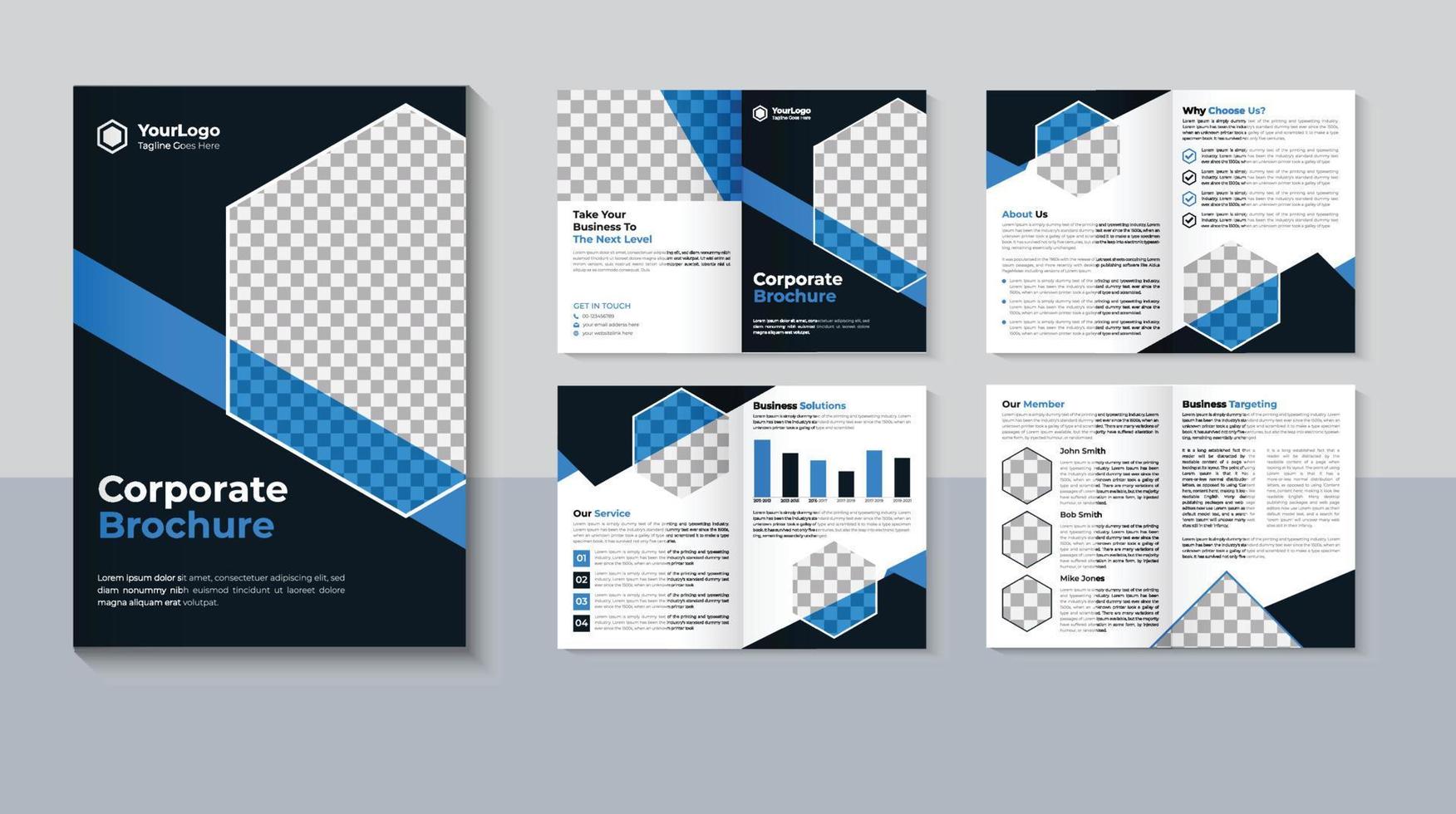 diseño de folleto corporativo de 8 páginas, plantilla de folleto comercial, diseño creativo de folleto de 8 páginas, perfil de empresa, color azul, vector profesional