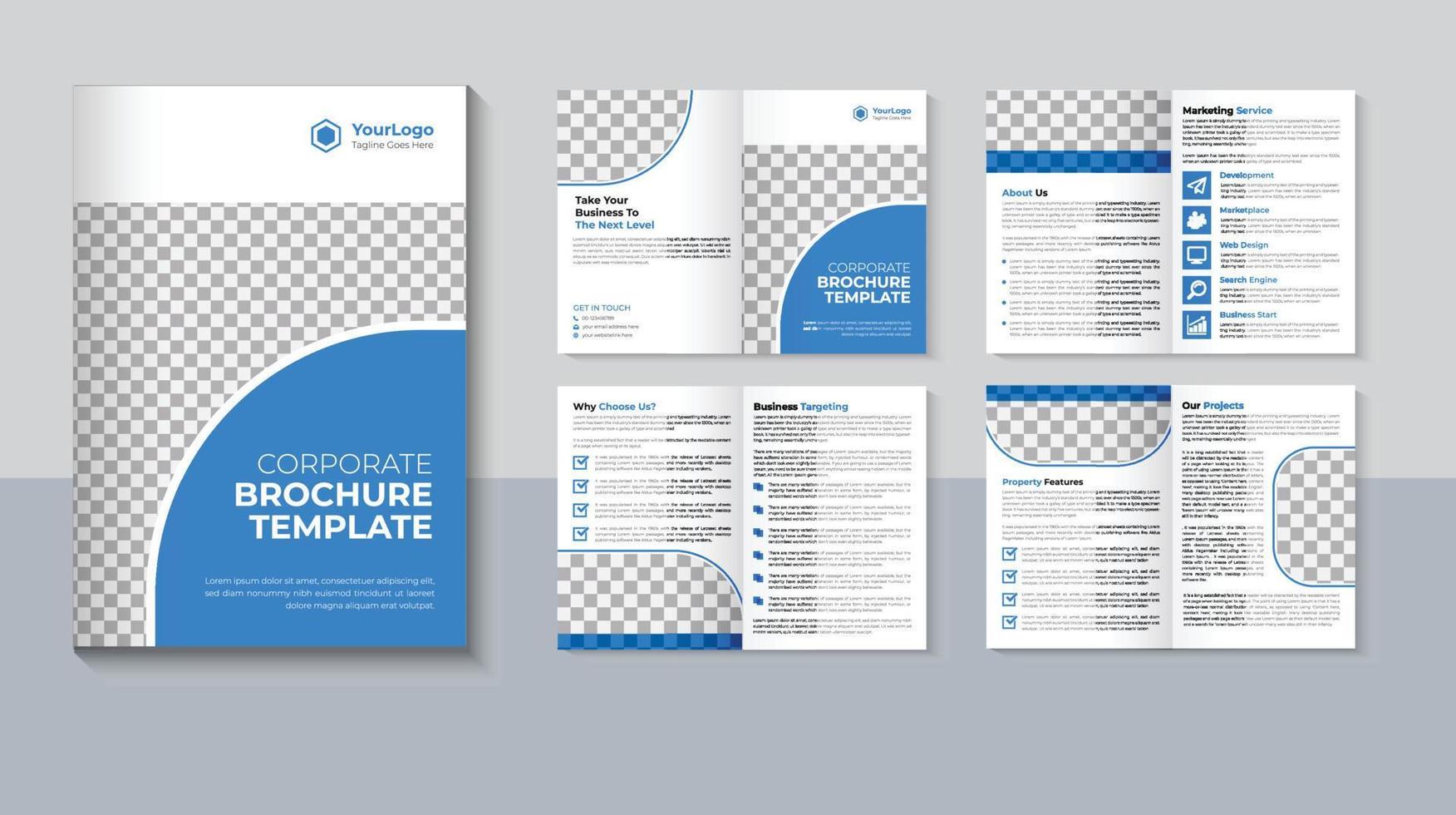 diseño de folleto empresarial de 8 páginas, plantilla de folleto creativo, diseño de folleto corporativo, perfil de empresa moderno, color azul, vector profesional