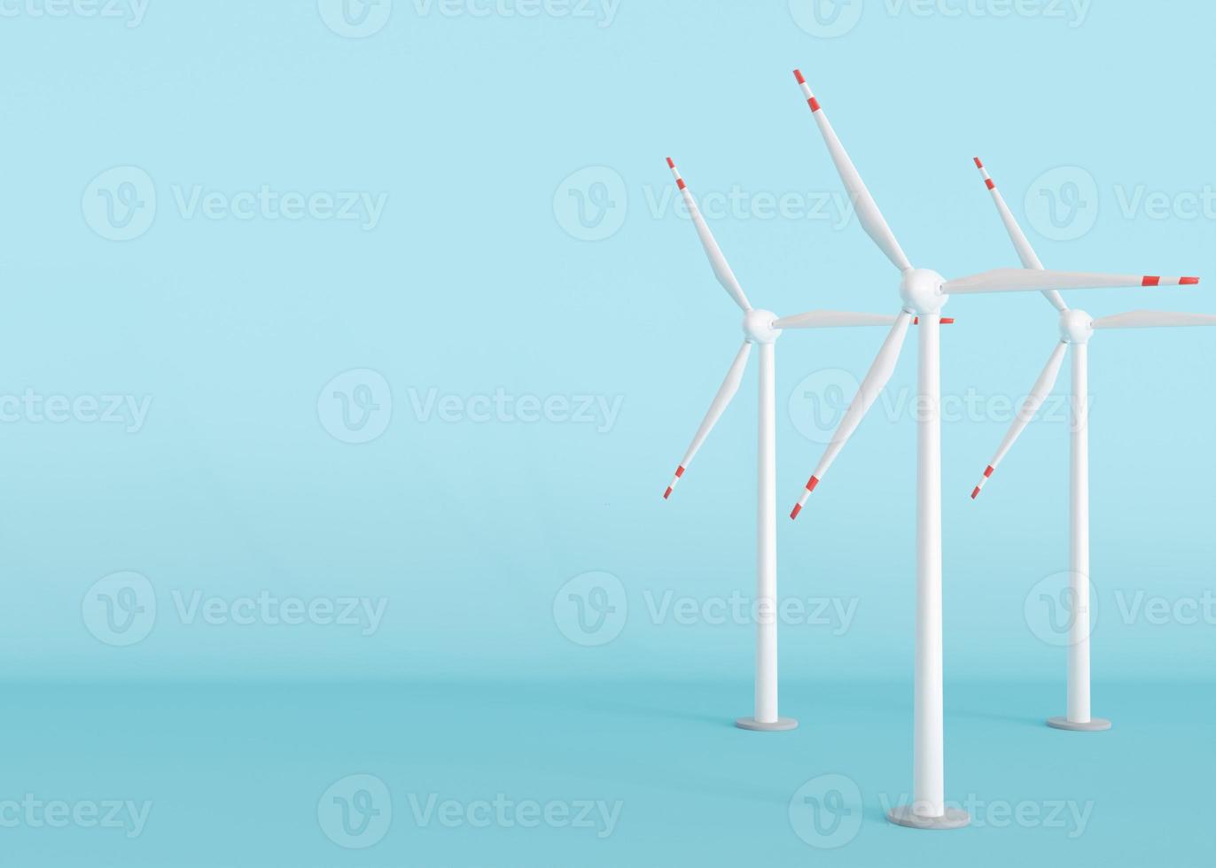 Wind turbines on blue background with copy space for text. Wind turbine generating electricity. Global ecology. Clean energy concept, save the world. Sustainable resources. Energy crisis. 3D render. photo