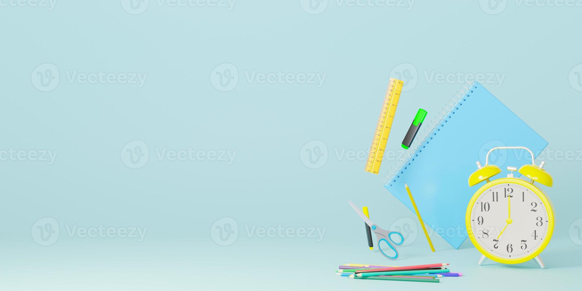 School stationery items on blue background with free space for text. Creative, colourful background with school supplies. Banner with copy space. Ruler, pencil, scissors, alarm clock. 3D rendering. photo