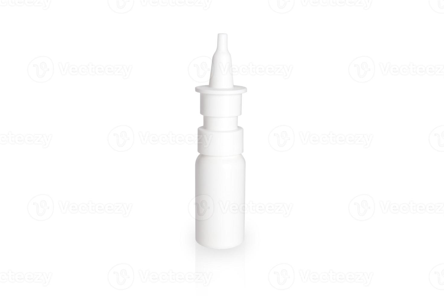 White plastic nasal spray bottle isolated on white background. Nasal spray container, saline water solution for nose congestion treatment. Runny nose, colds. Free space, copy space. photo